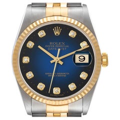 Rolex Datejust Blue Vignette Dial Steel Yellow Gold Mens Watch 16233 Box Papers
