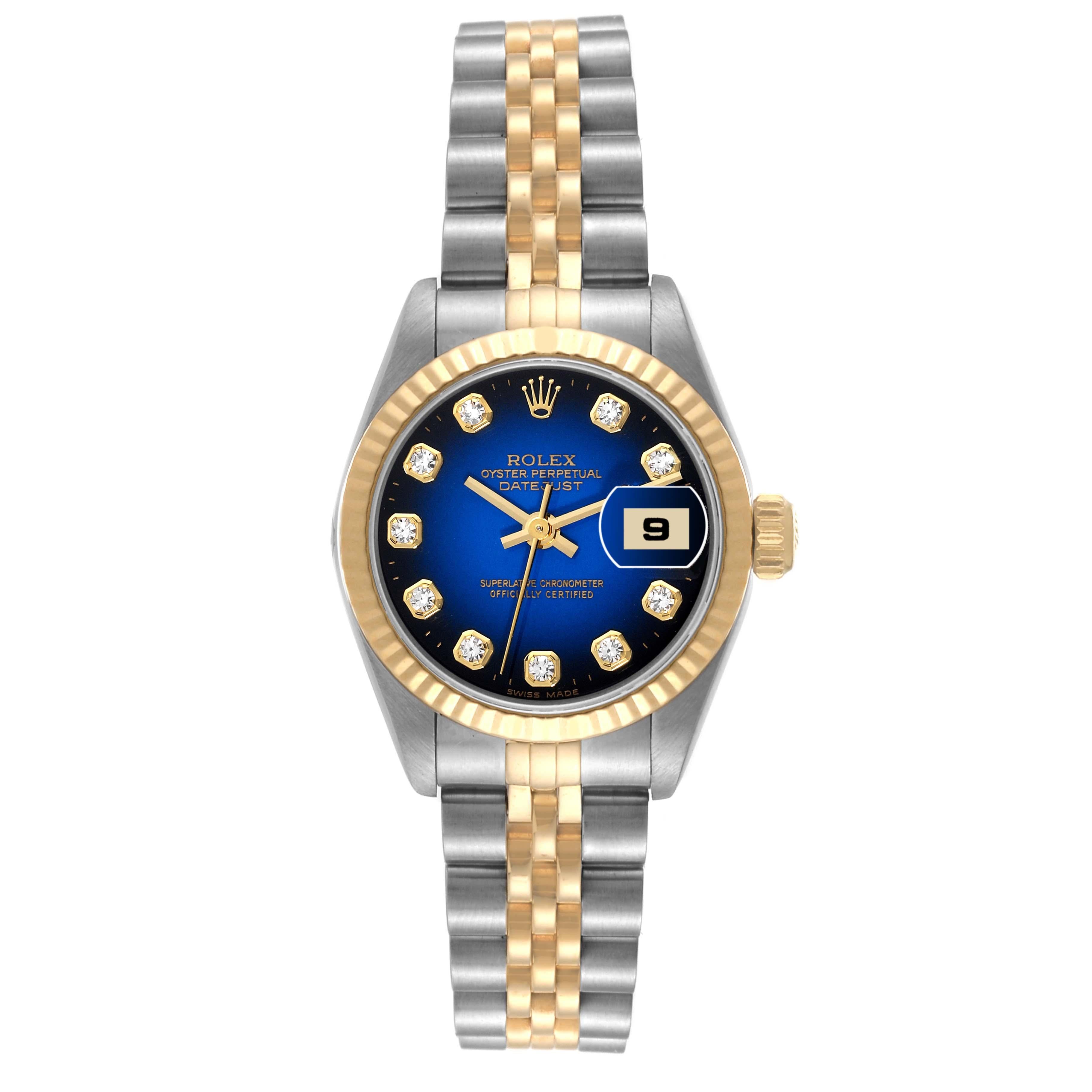 Rolex Datejust Blue Vignette Diamond Dial Steel Yellow Gold Ladies Watch 69173. Officially certified chronometer automatic self-winding movement. Stainless steel oyster case 26.0 mm in diameter. Rolex logo on the crown. 18k yellow gold fluted bezel.
