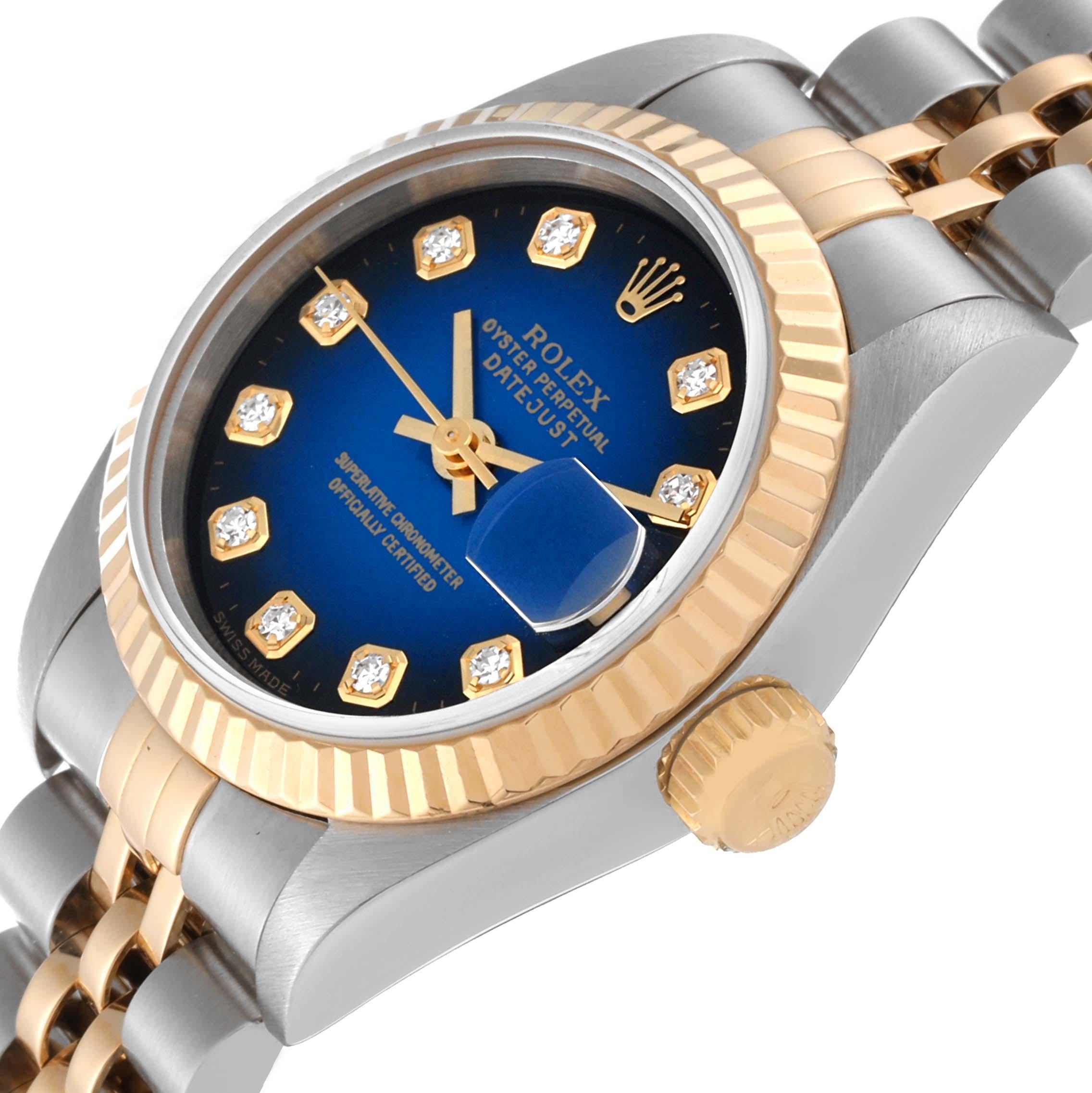 Rolex Montre Datejust bleue Vignette avec cadran en acier et or jaune pour femmes 69173 Excellent état - En vente à Atlanta, GA