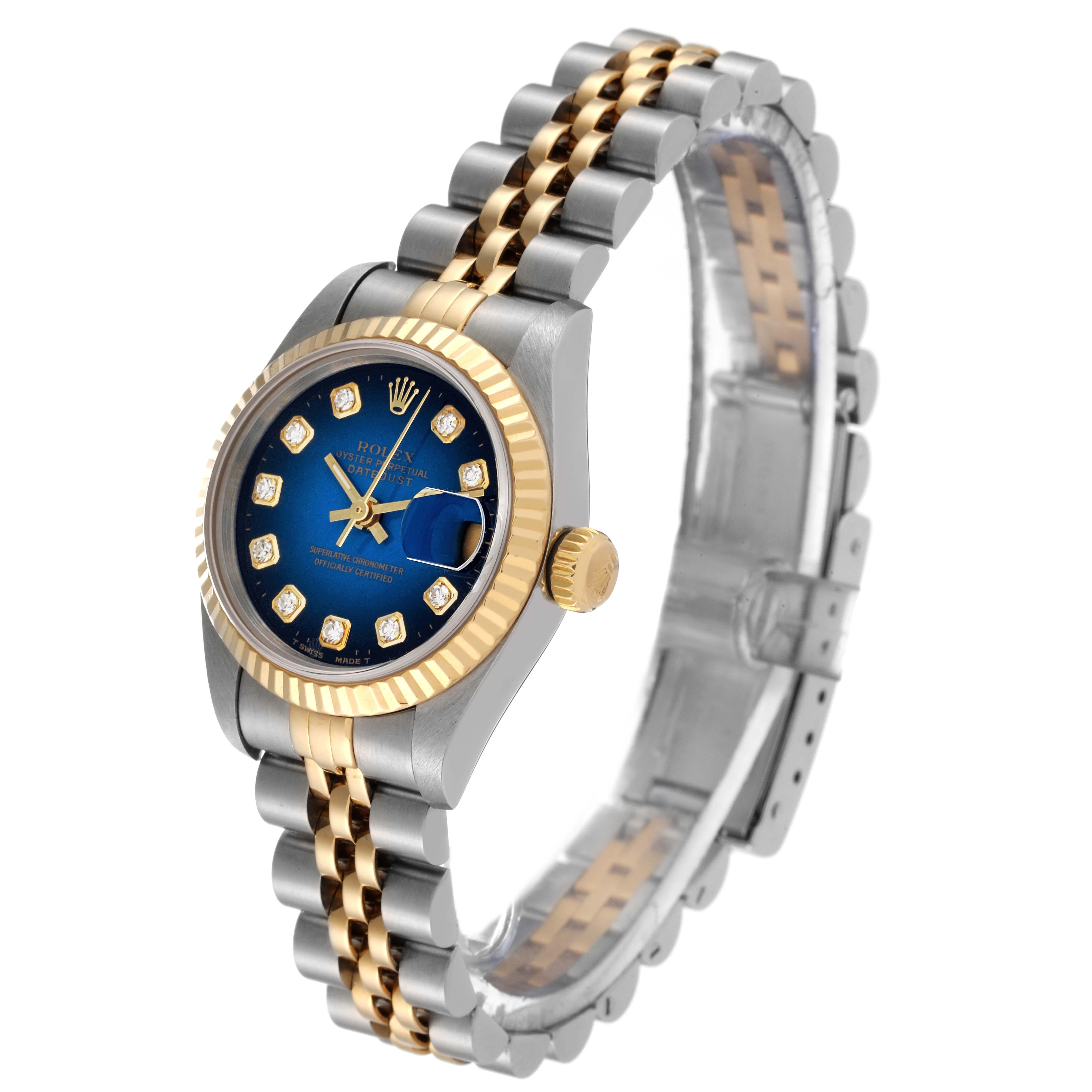 Rolex Datejust Blue Vignette Diamond Dial Steel Yellow Gold Ladies Watch 69173 In Good Condition In Atlanta, GA