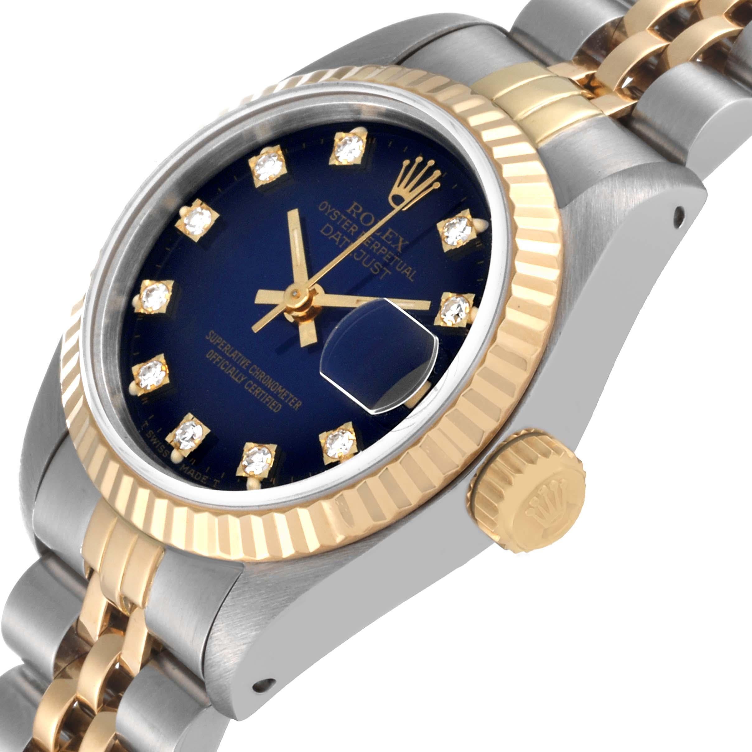Rolex Datejust Blue Vignette Diamond Dial Steel Yellow Gold Ladies Watch 69173 In Excellent Condition In Atlanta, GA