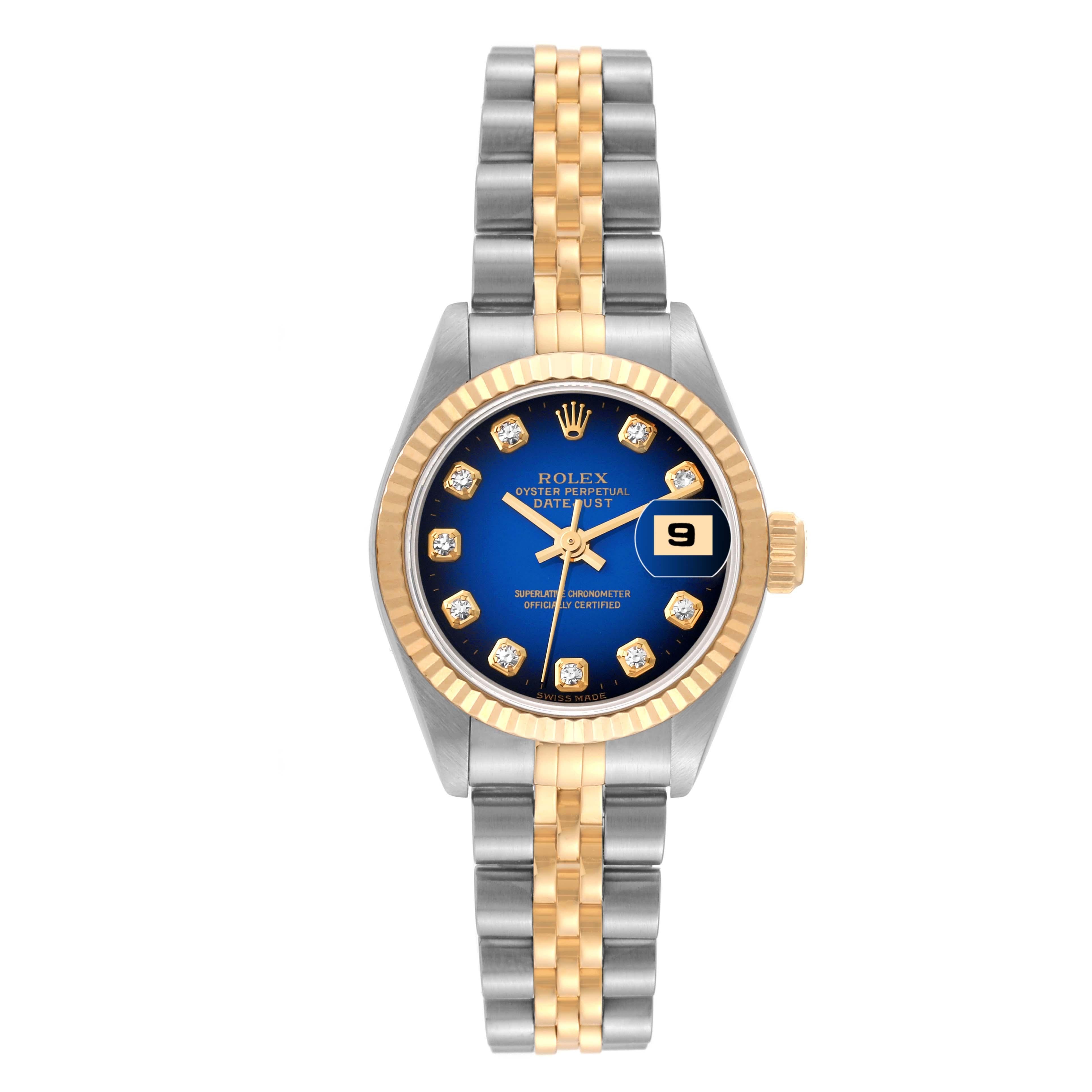 Rolex Montre Datejust bleue Vignette avec cadran en acier et or jaune pour femmes 69173 en vente 5
