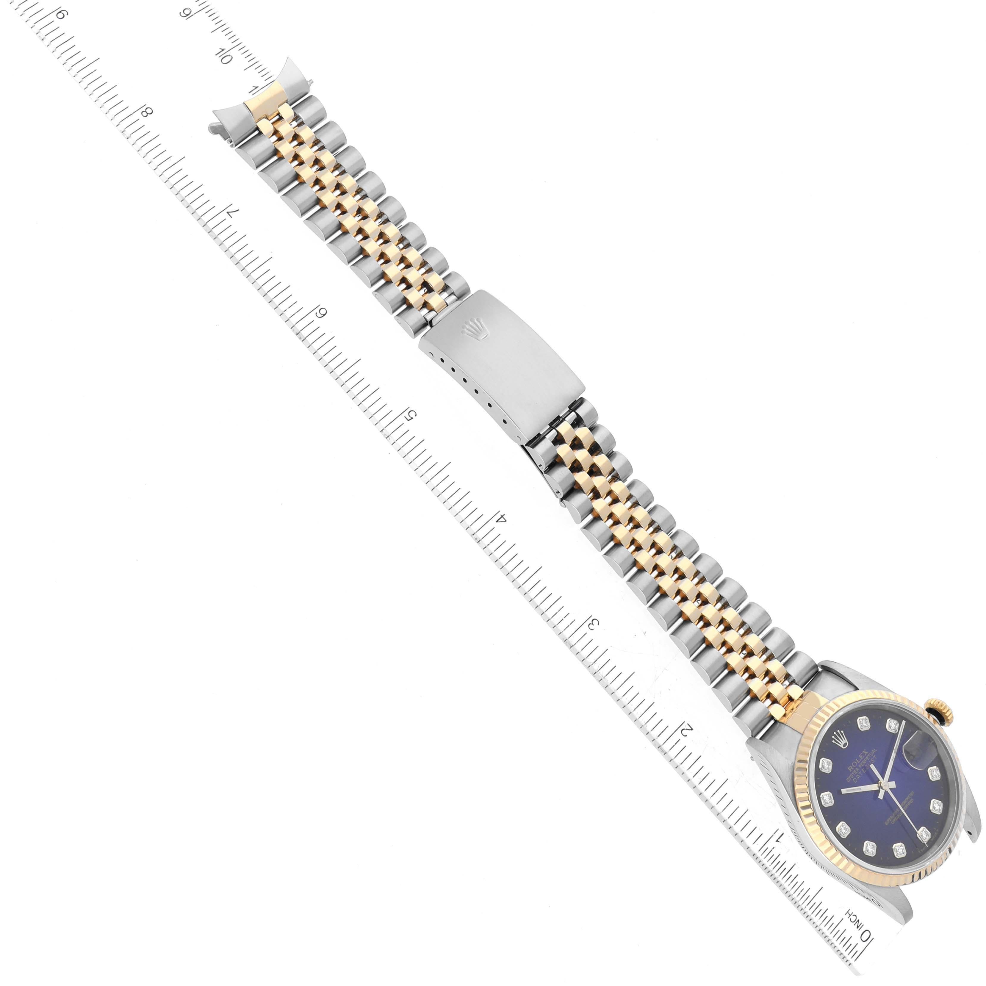 Rolex Datejust Blue Vignette Diamond Dial Steel Yellow Gold Mens Watch 16233 en vente 7