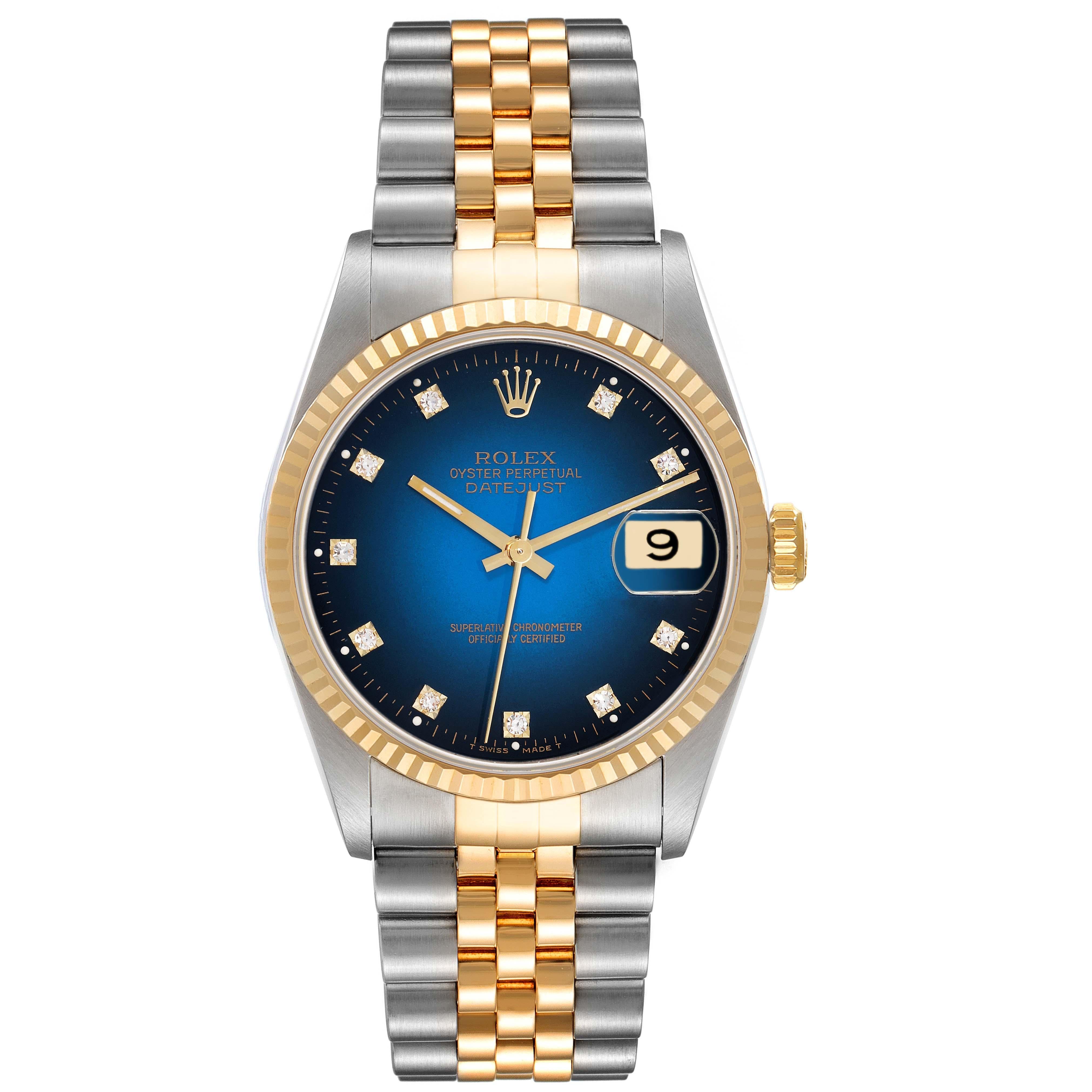 Rolex Datejust Blue Vignette Diamond Dial Steel Yellow Gold Mens Watch 16233. Officially certified chronometer automatic self-winding movement. Stainless steel case 36.0 mm in diameter.  Rolex logo on an 18K yellow gold crown. 18k yellow gold fluted