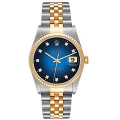Rolex Datejust Blue Vignette Diamond Dial Steel Yellow Gold Mens Watch 16233