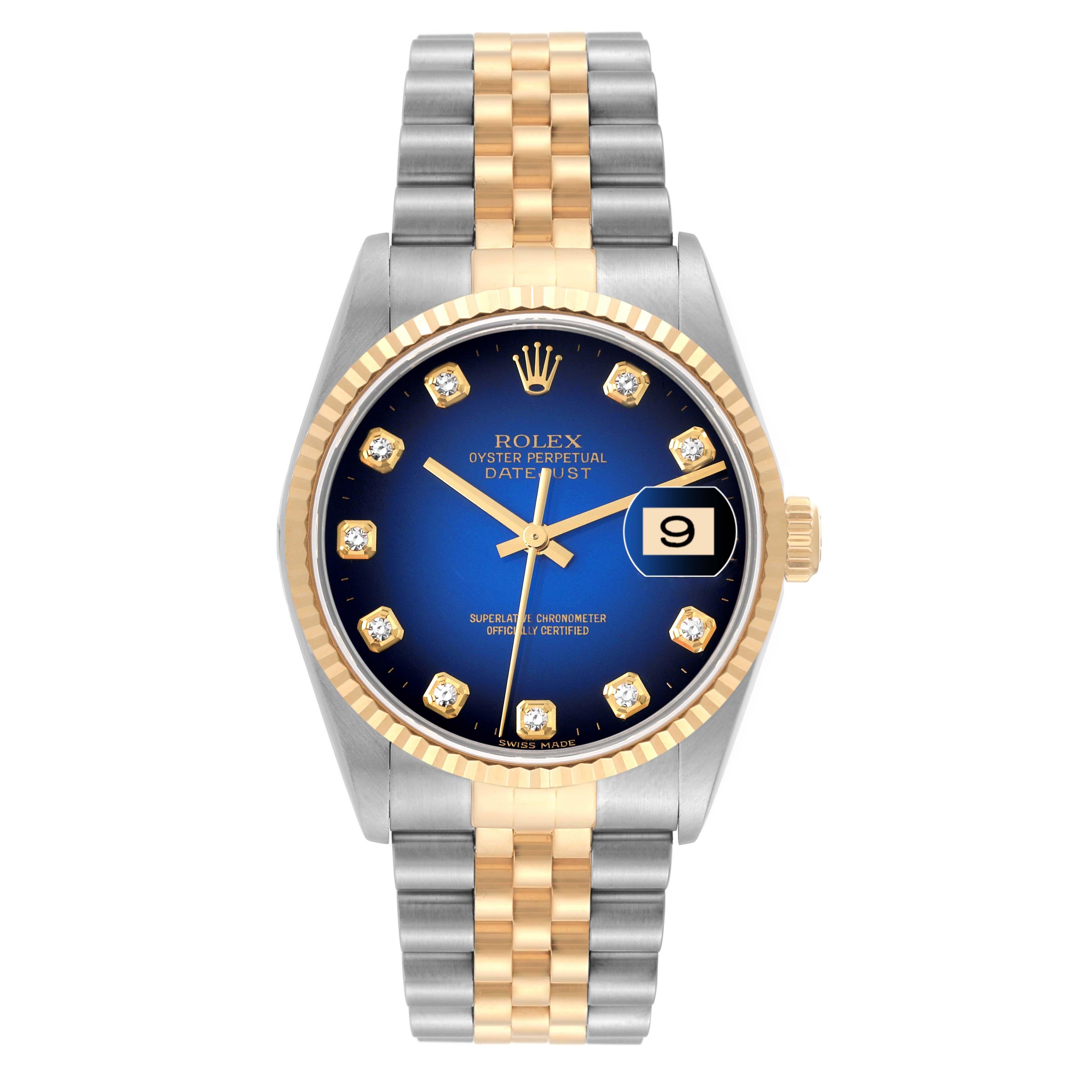 Rolex Datejust Blue Vignette Diamond Dial Steel Yellow Gold Mens Watch 16233 In Excellent Condition In Atlanta, GA