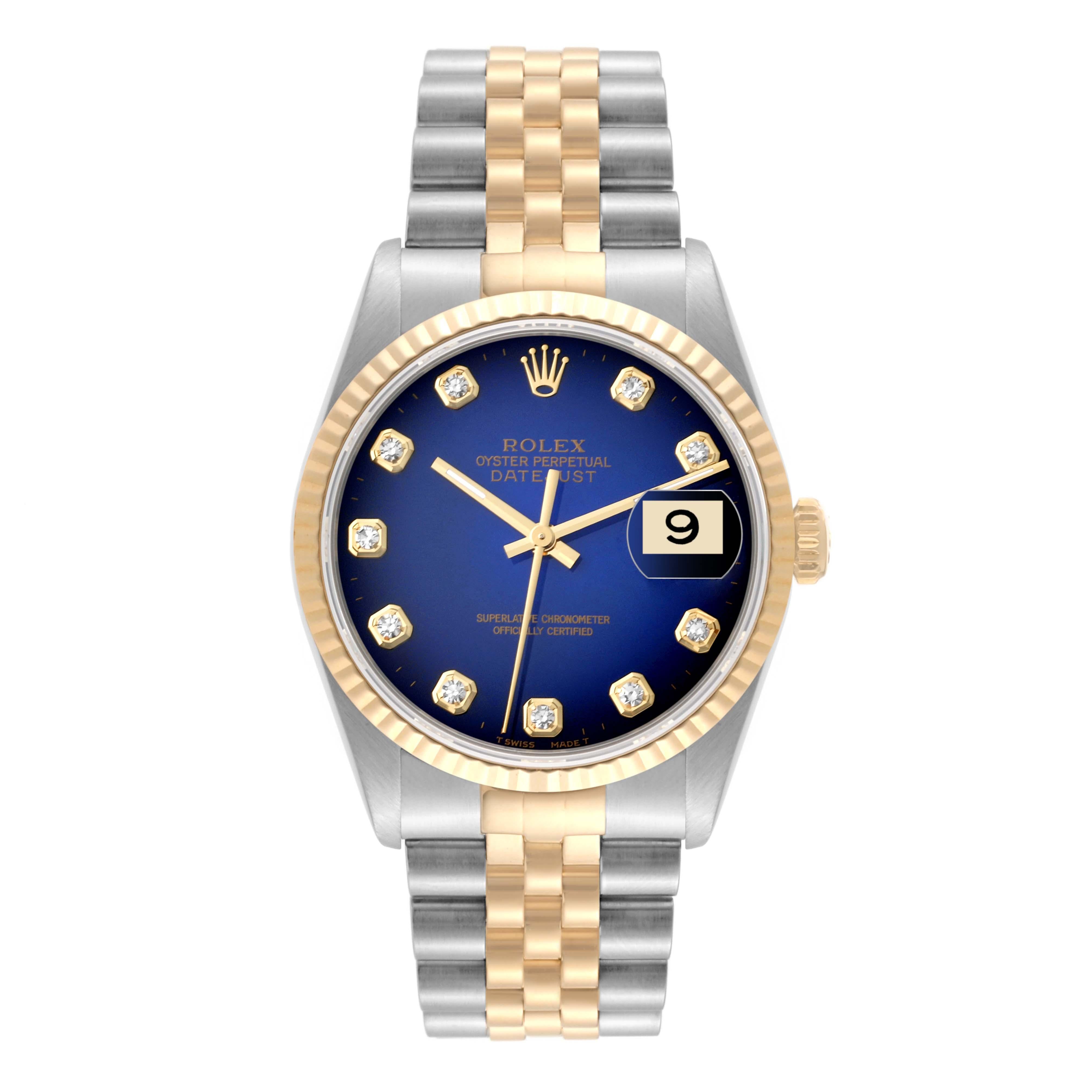 Rolex Datejust Blue Vignette Diamond Dial Steel Yellow Gold Mens Watch 16233 Pour hommes en vente