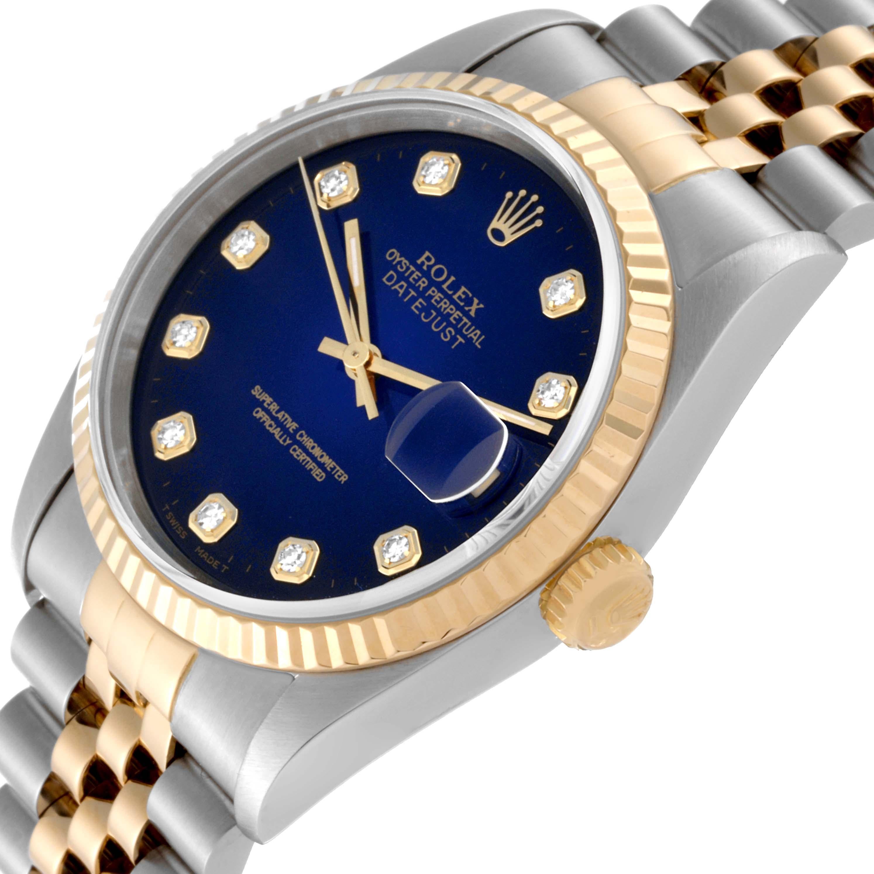 Rolex Datejust Blue Vignette Diamond Dial Steel Yellow Gold Mens Watch 16233 1