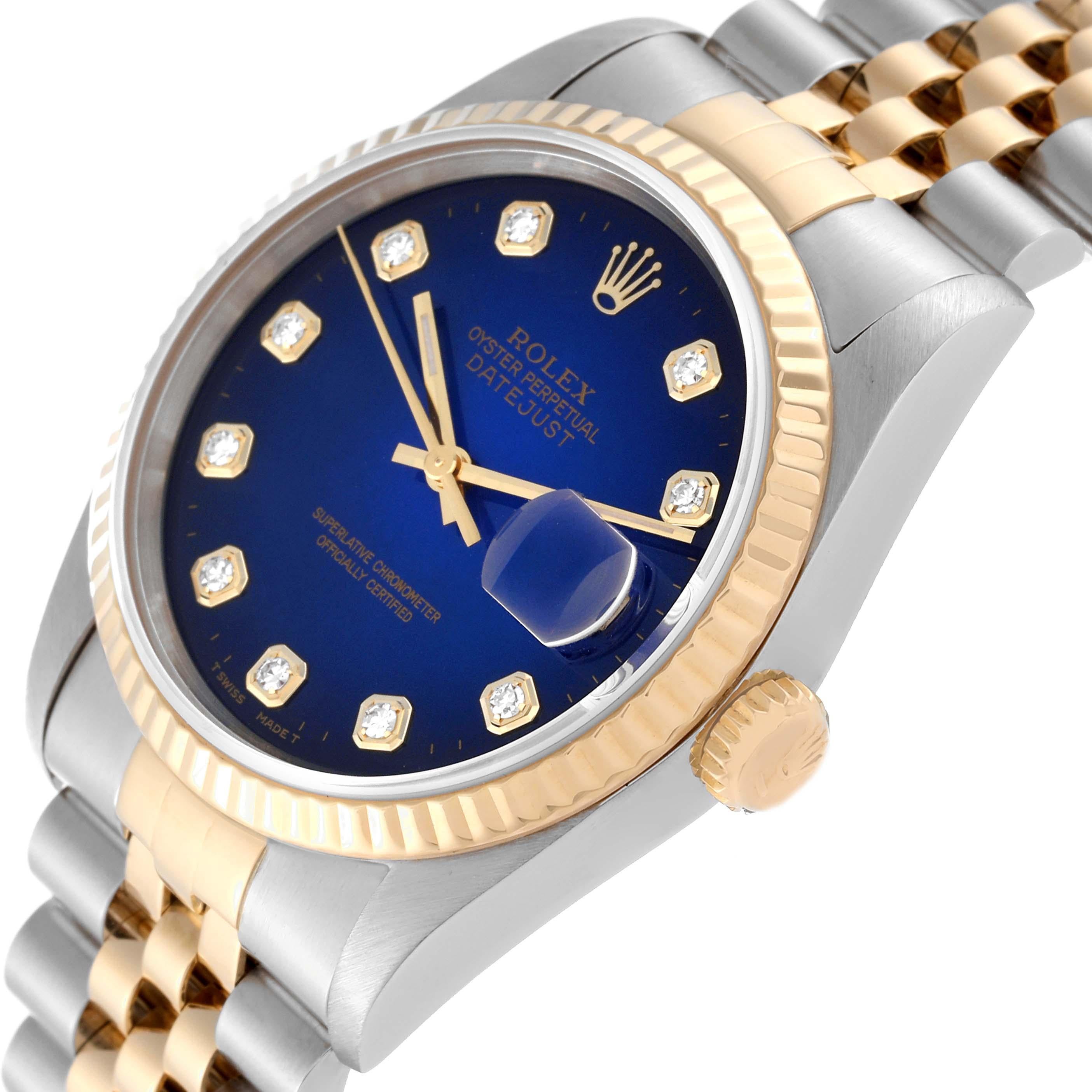 Rolex Datejust Blue Vignette Diamond Dial Steel Yellow Gold Mens Watch 16233 en vente 1