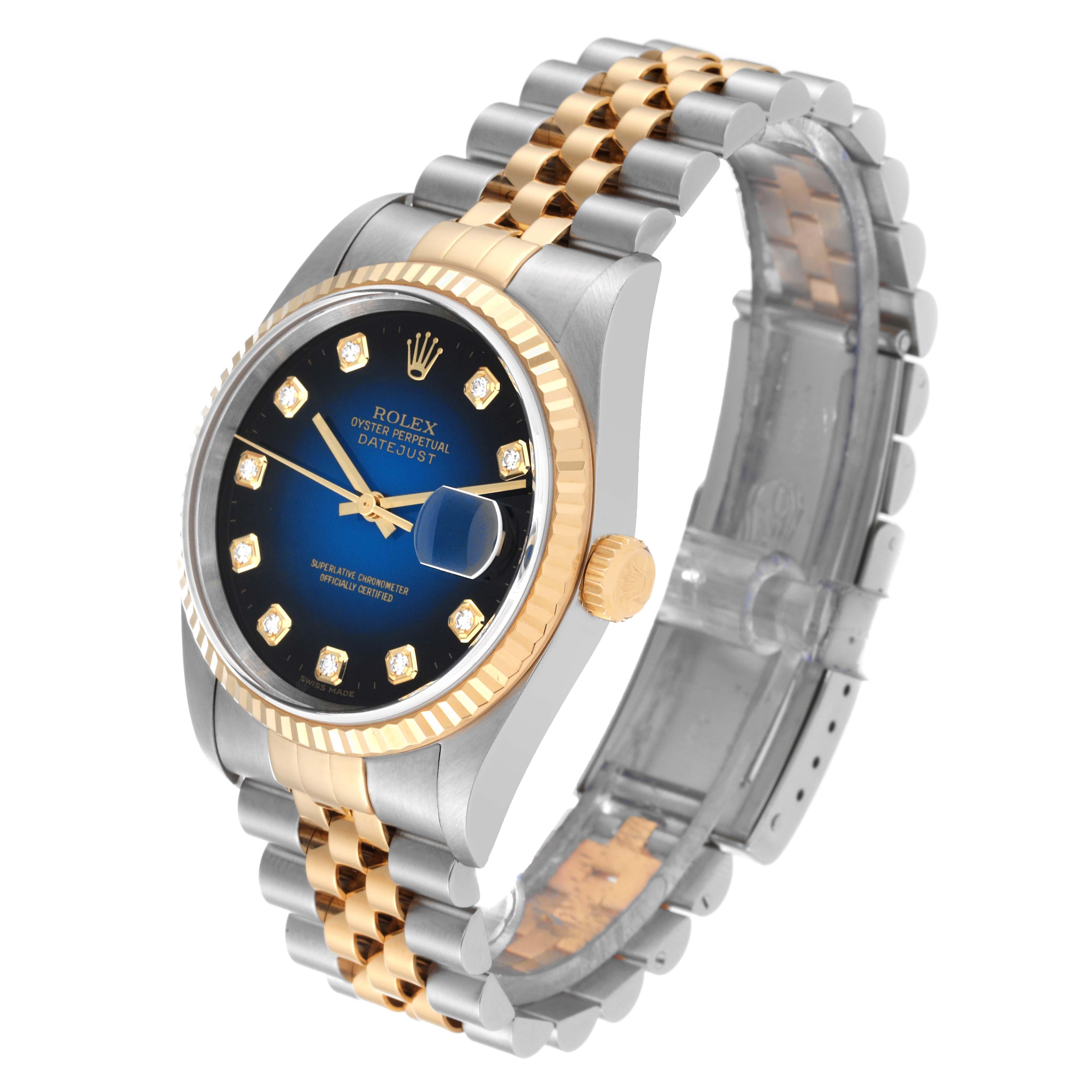 Rolex Datejust Blue Vignette Diamond Dial Steel Yellow Gold Mens Watch 16233 2