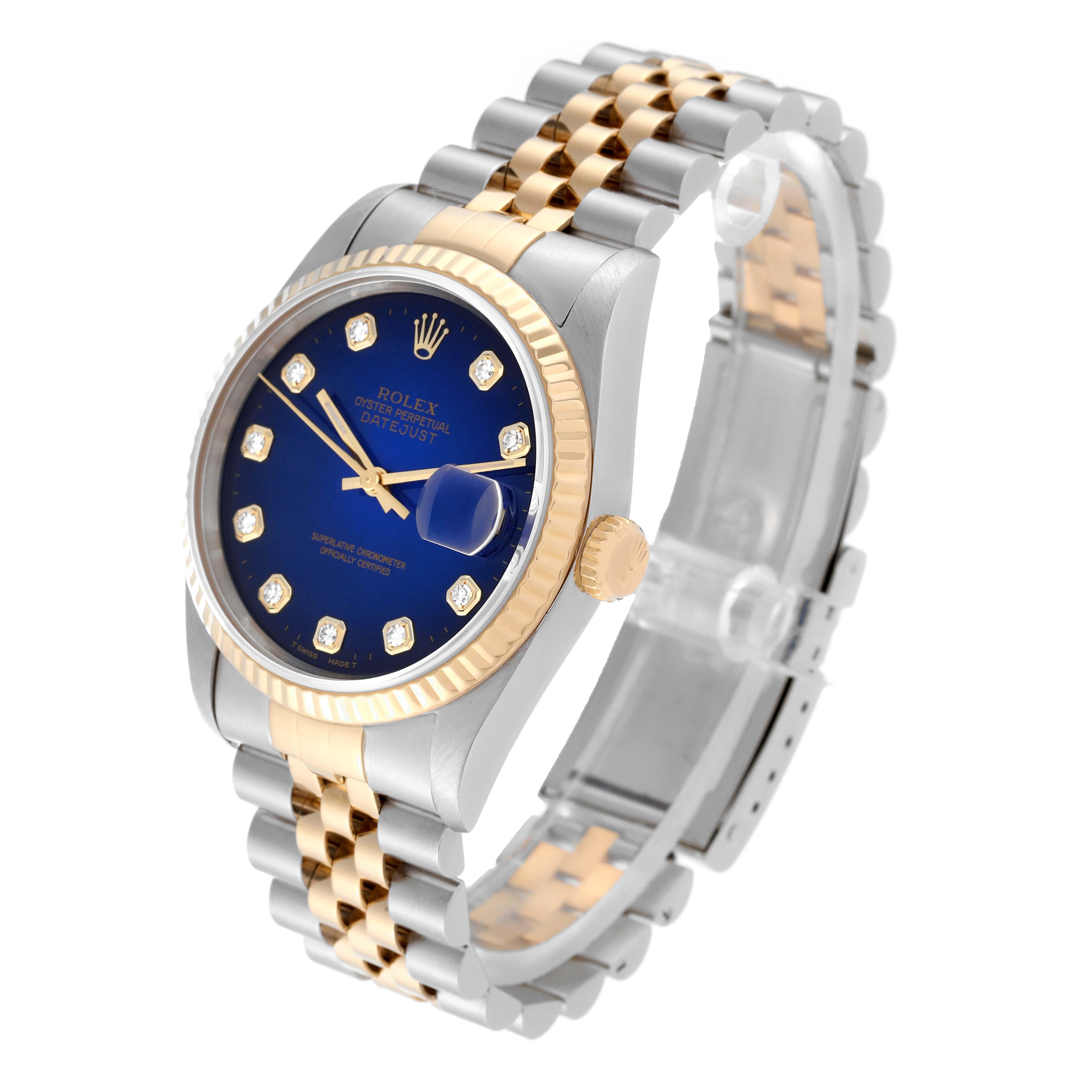 Rolex Datejust Blue Vignette Diamond Dial Steel Yellow Gold Mens Watch 16233 en vente 3