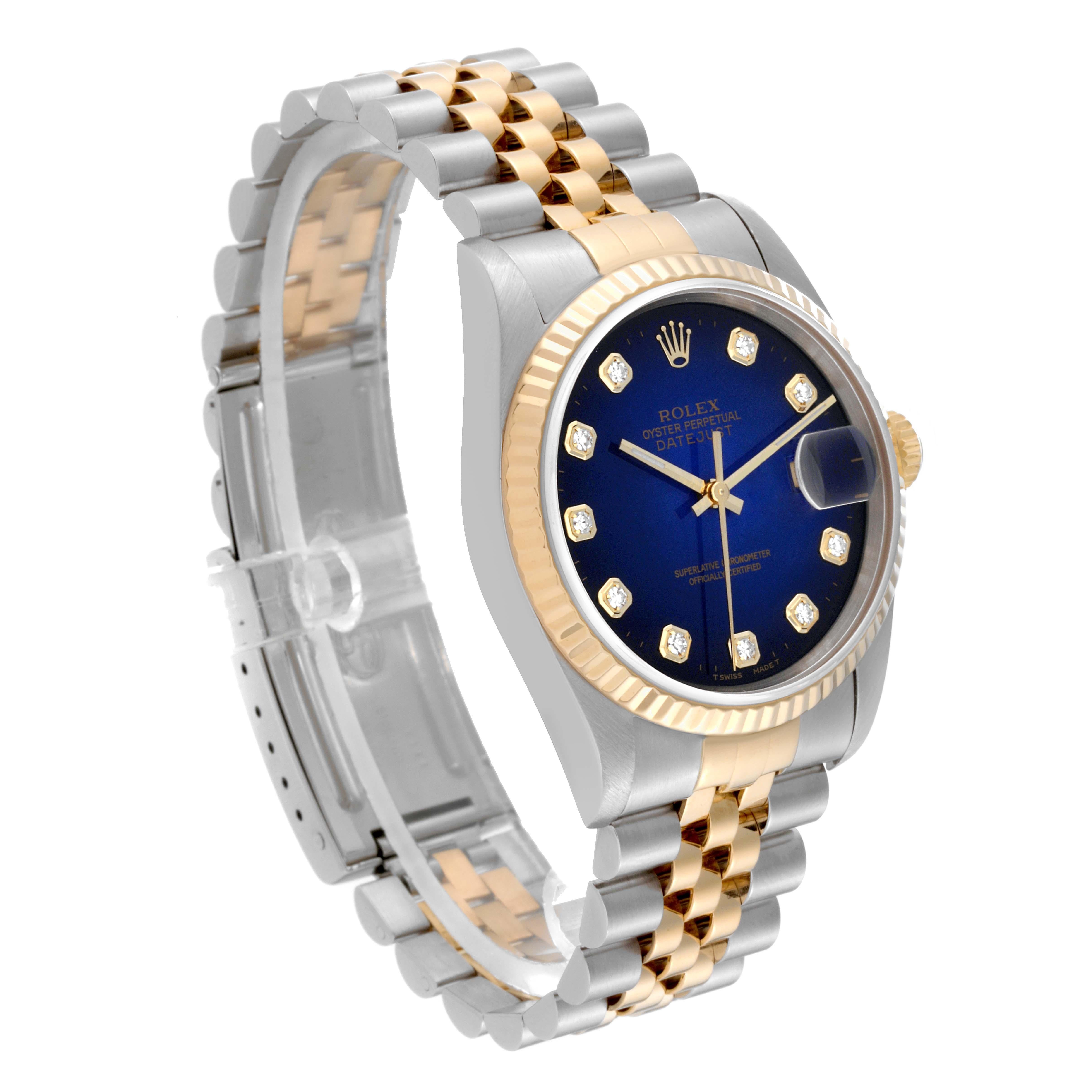 Rolex Datejust Blue Vignette Diamond Dial Steel Yellow Gold Mens Watch 16233 en vente 4