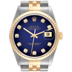 Rolex Datejust Blue Vignette Diamond Dial Steel Yellow Gold Mens Watch 16233