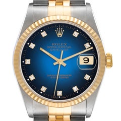 Rolex Datejust Blue Vignette Diamond Dial Steel Yellow Gold Mens Watch 16233
