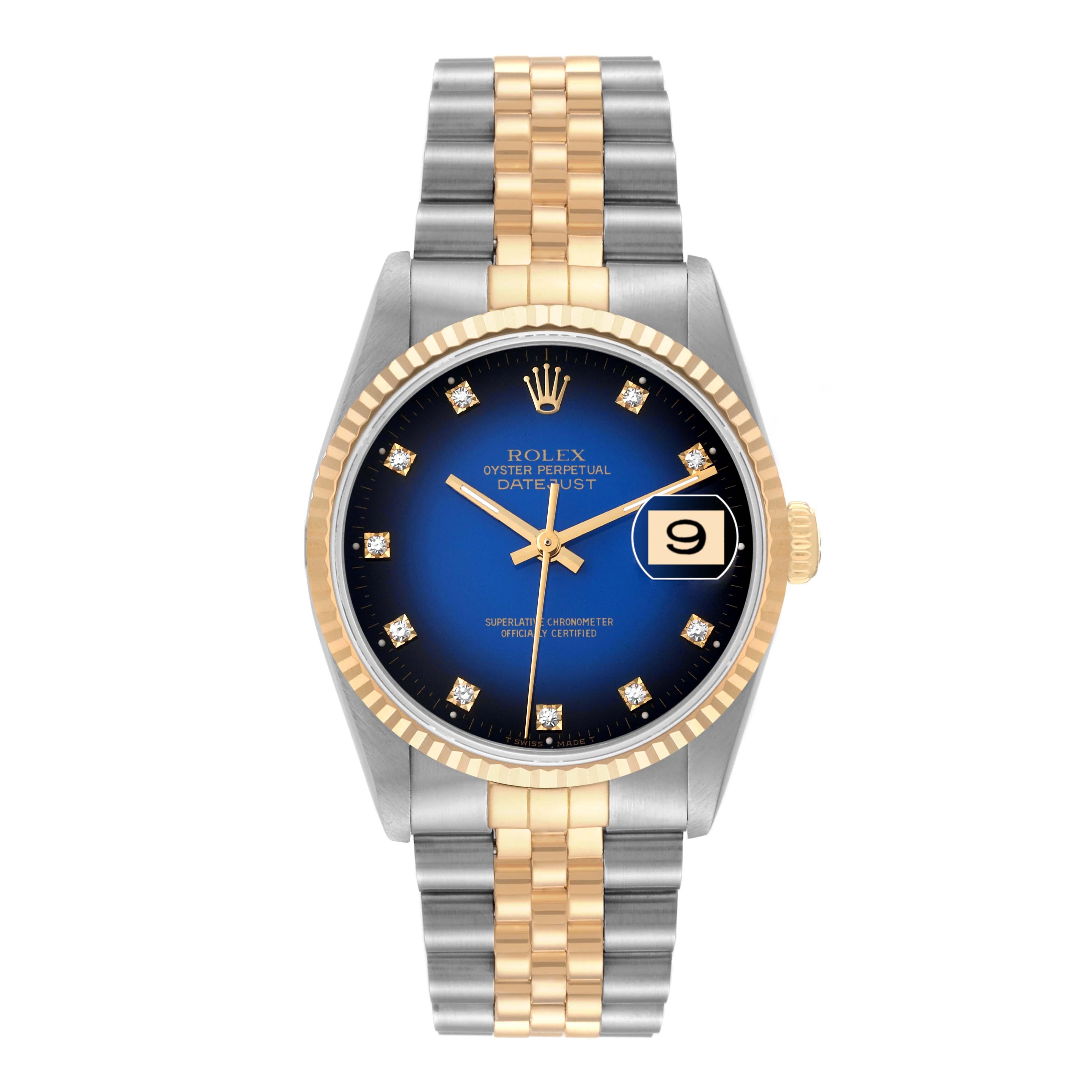 Rolex Datejust Blue Vignette Diamond Dial Steel Yellow Gold Mens Watch 16233 Box Papers. Officially certified chronometer automatic self-winding movement. Stainless steel case 36.0 mm in diameter.  Rolex logo on an 18K yellow gold crown. 18k yellow