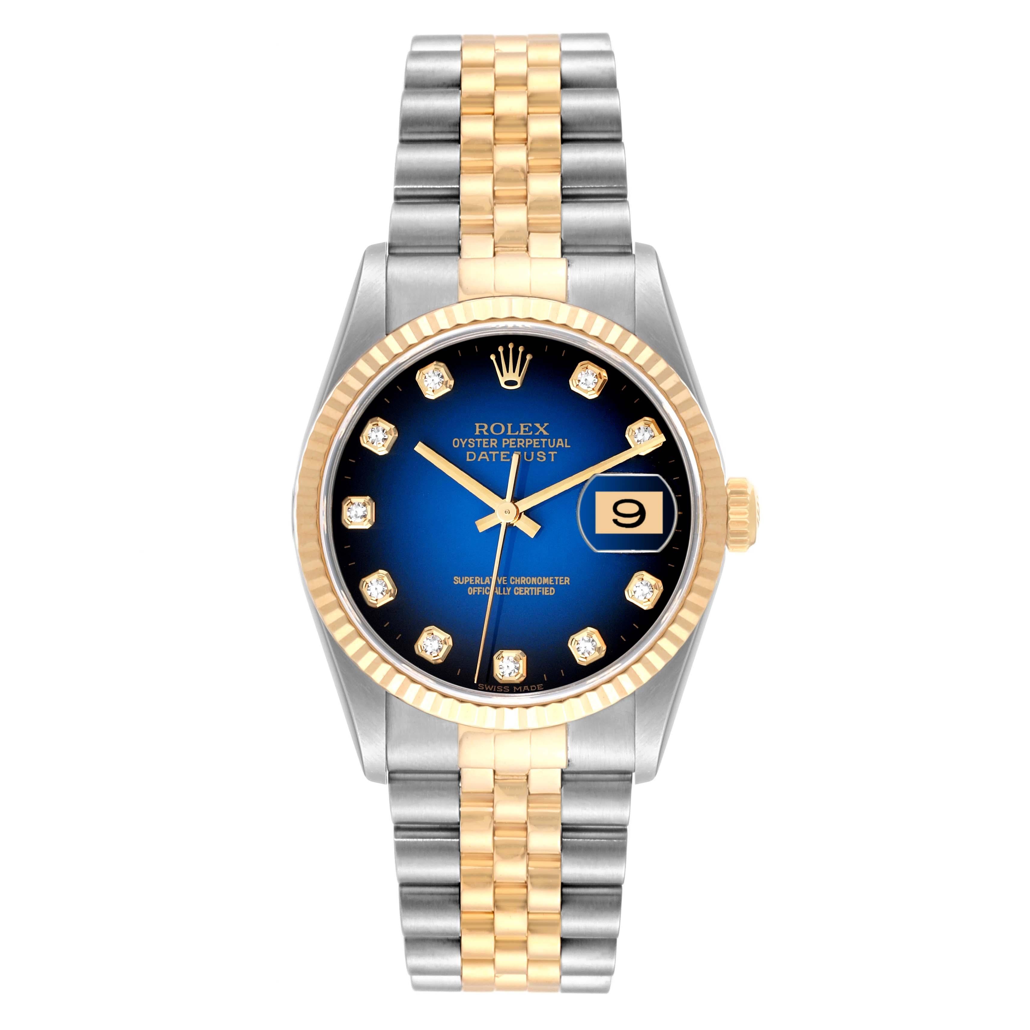 Rolex Datejust Blue Vignette Diamond Dial Steel Yellow Gold Mens Watch 1