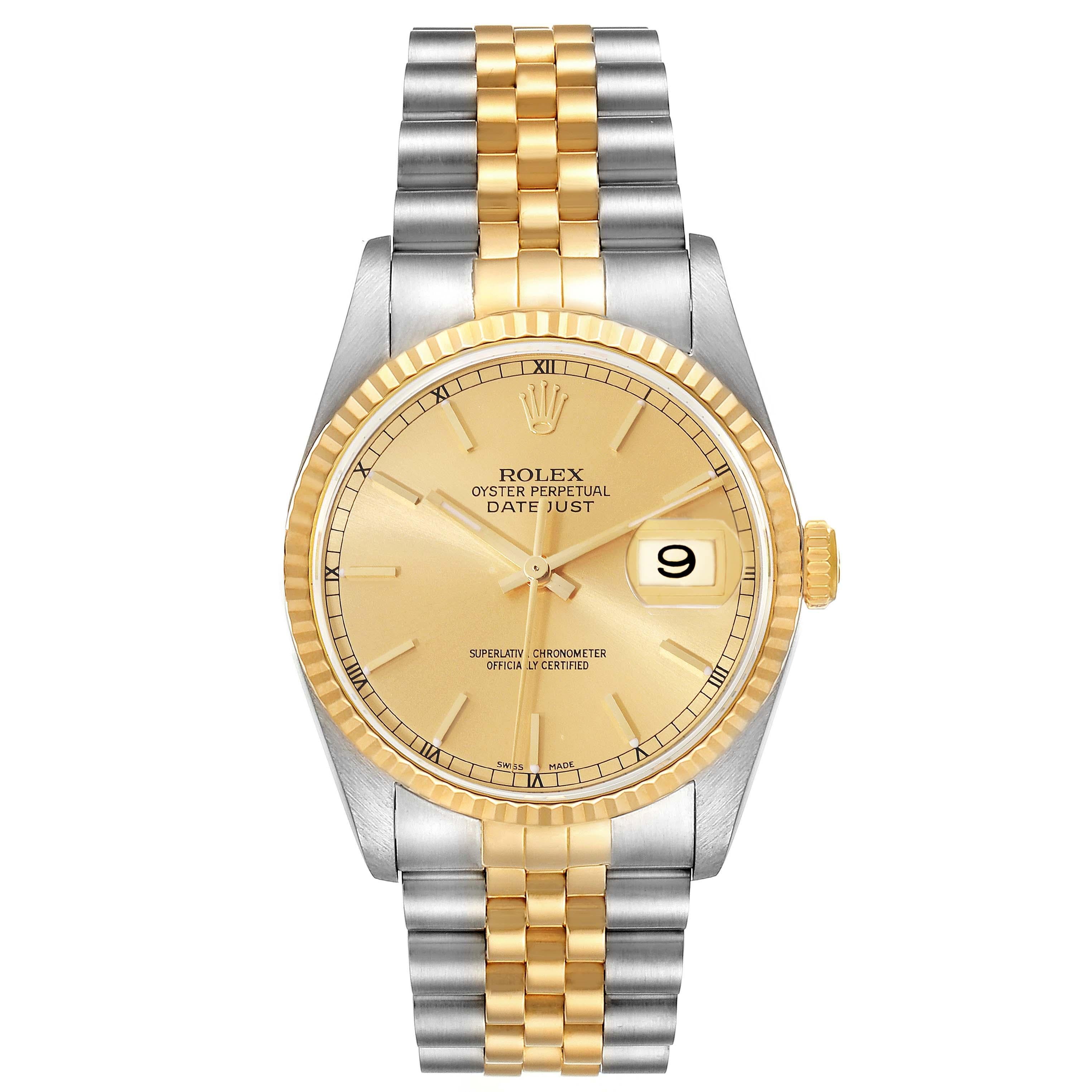 Rolex Datejust Champagne Dial Steel Yellow Gold Mens Watch 16233 Box Papers. Officially certified chronometer automatic self-winding movement. Stainless steel case 36 mm in diameter.  Rolex logo on an 18K yellow gold crown. 18k yellow gold fluted