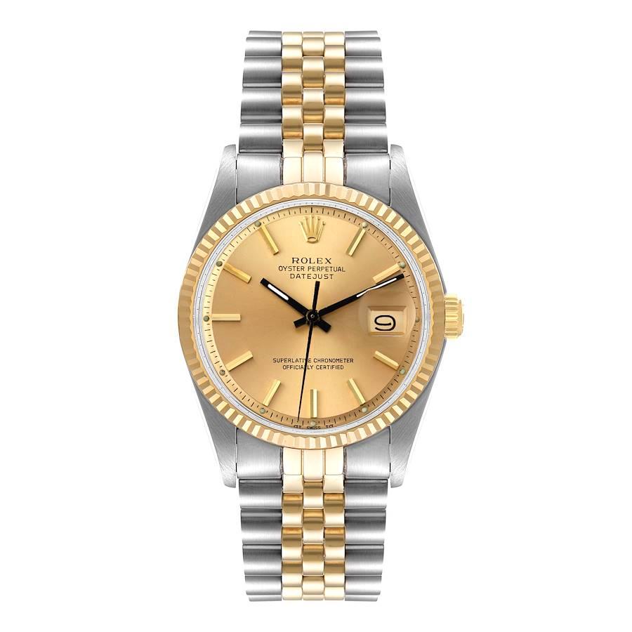 Rolex Datejust Champagne Dial Steel Yellow Gold Vintage Mens Watch 1601. Officially certified chronometer automatic self-winding movement. Stainless steel case 36 mm in diameter. Rolex logo on a crown. 18K yellow gold fluted bezel. Acrylic crystal