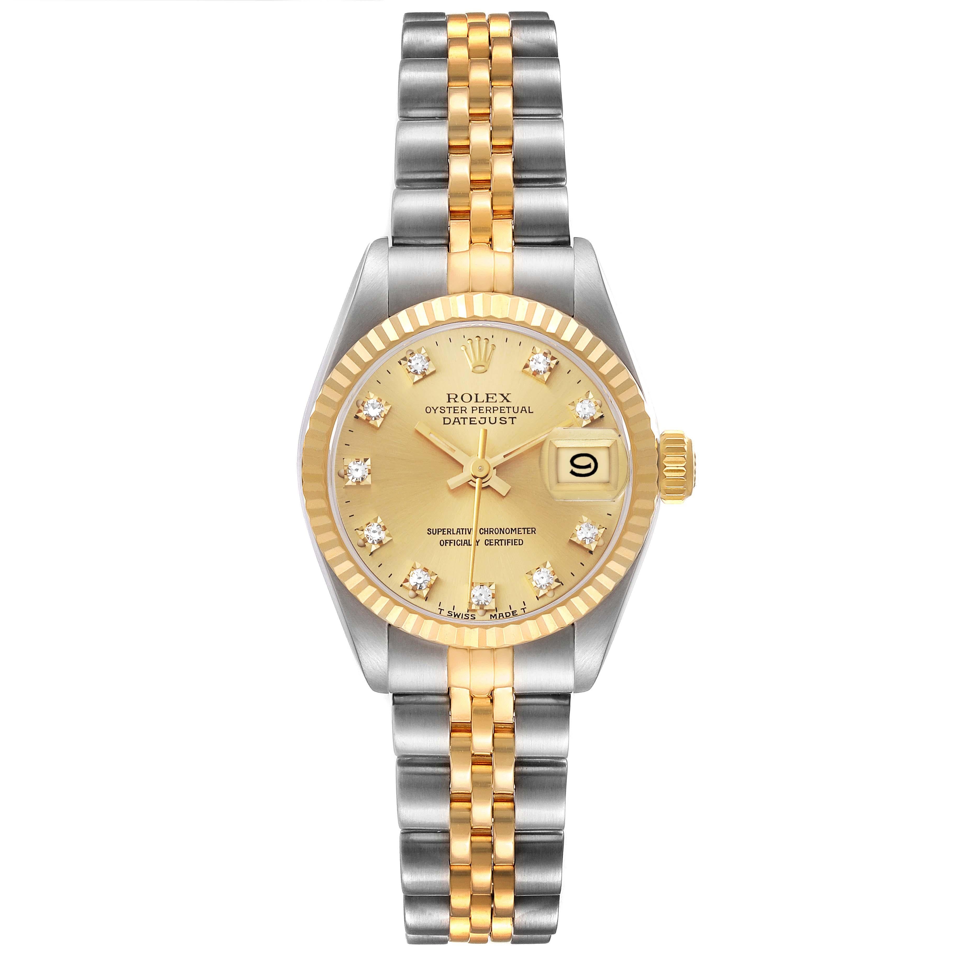 Rolex Datejust Champagne Diamond Dial Steel Yellow Gold Ladies Watch 69173. Officially certified chronometer automatic self-winding movement. Stainless steel oyster case 26.0 mm in diameter. Rolex logo on the crown. 18k yellow gold fluted bezel.