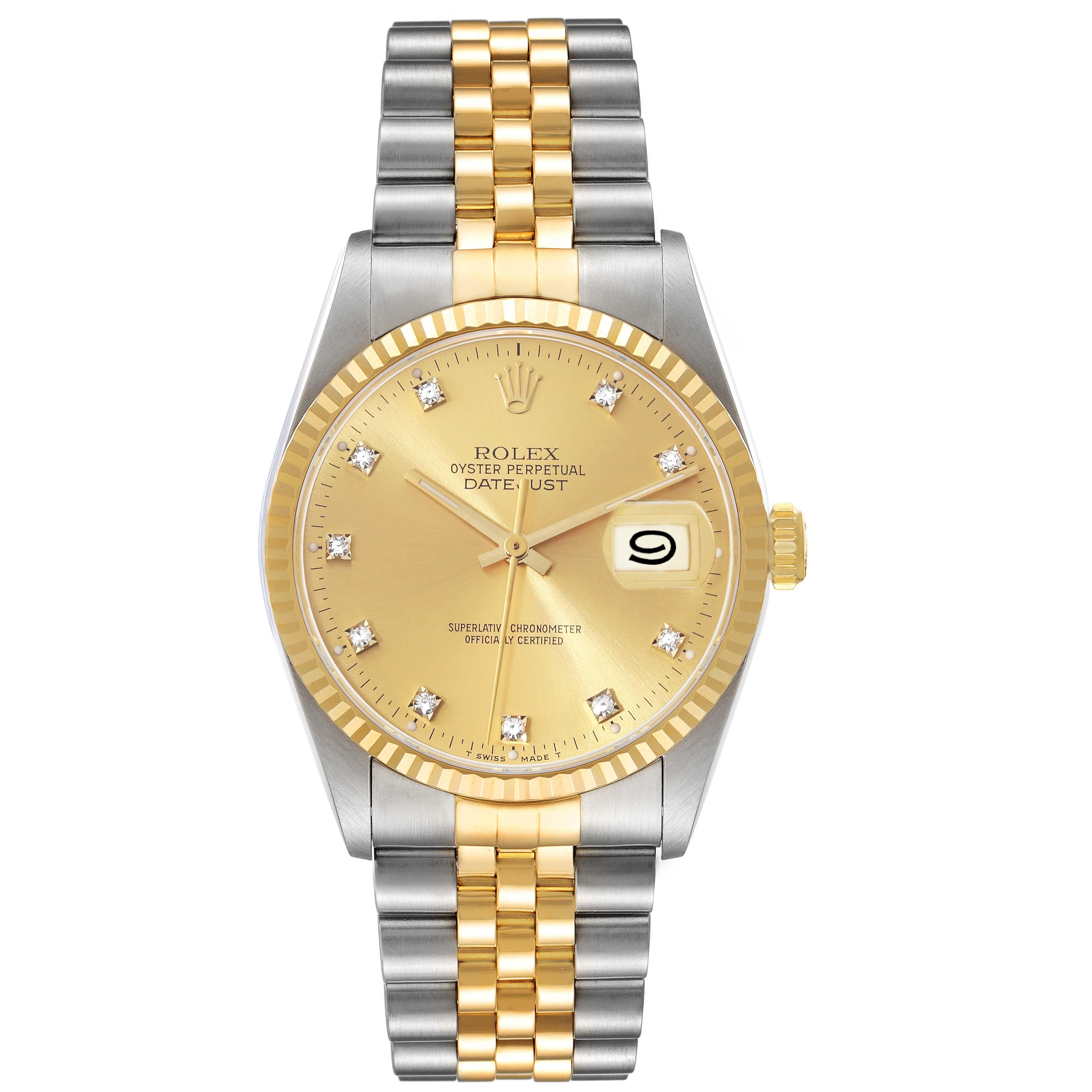 Rolex Datejust Champagne Diamond Dial Steel Yellow Gold Mens Watch 16233. Officially certified chronometer automatic self-winding movement. Stainless steel case 36 mm in diameter.  Rolex logo on an 18K yellow gold crown. 18k yellow gold fluted