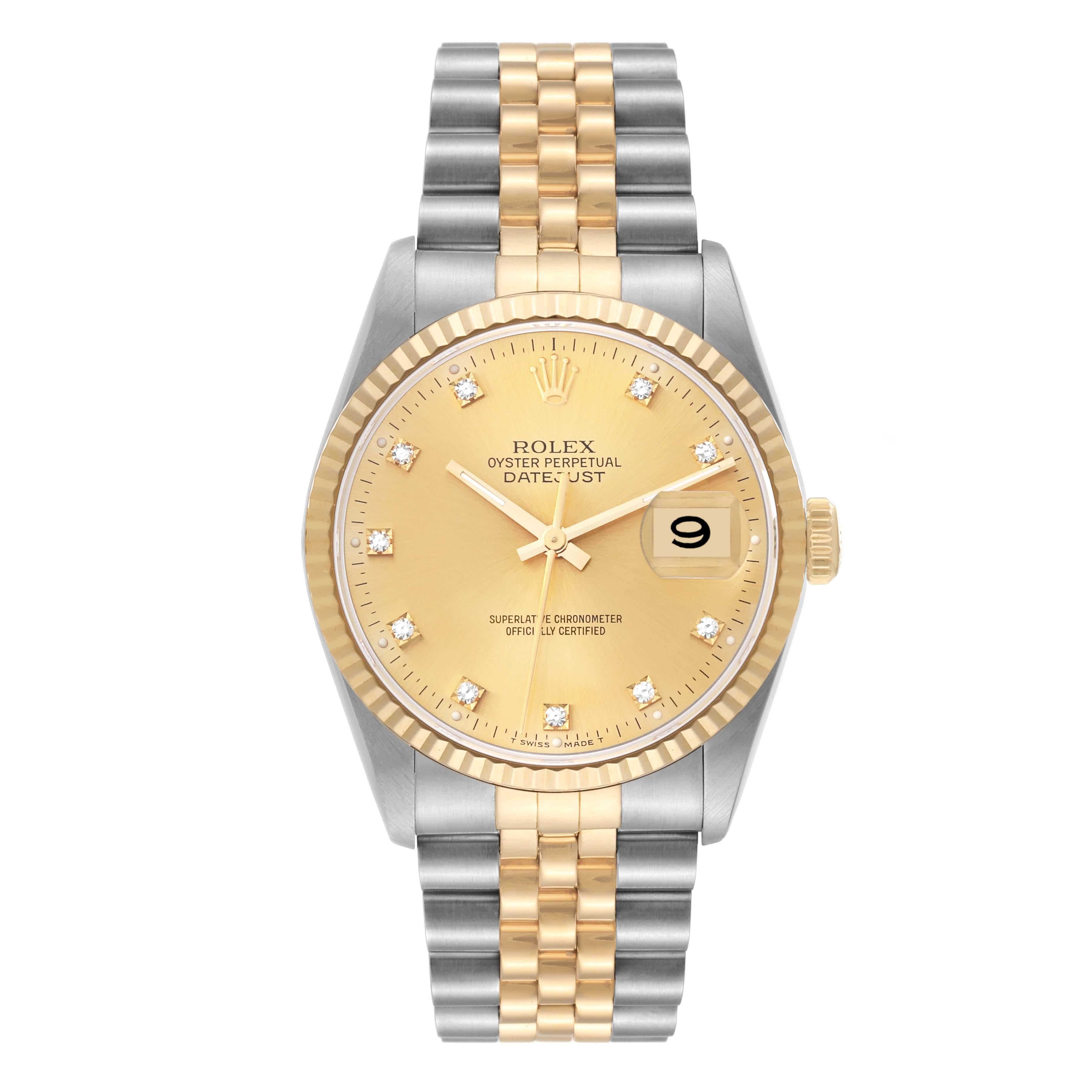 Rolex Datejust Champagne Diamond Dial Steel Yellow Gold Mens Watch 16233. Mouvement automatique à remontage automatique, officiellement certifié chronomètre. Boîtier en acier inoxydable de 36.0 mm de diamètre.  Logo Rolex sur une couronne en or