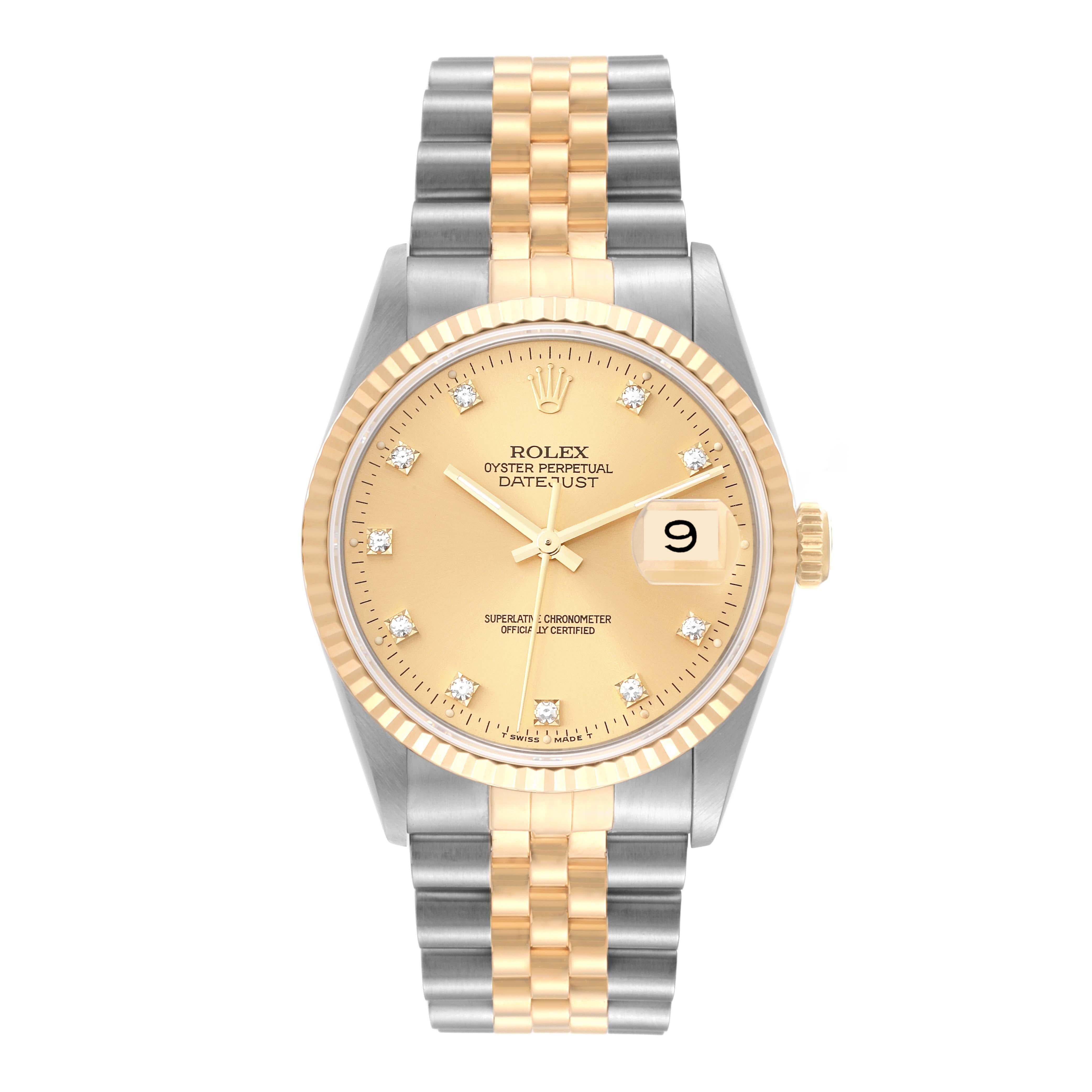 Rolex Datejust Champagne Diamond Dial Steel Yellow Gold Mens Watch 16233. Officially certified chronometer automatic self-winding movement. Stainless steel case 36.0 mm in diameter.  Rolex logo on an 18K yellow gold crown. 18k yellow gold fluted