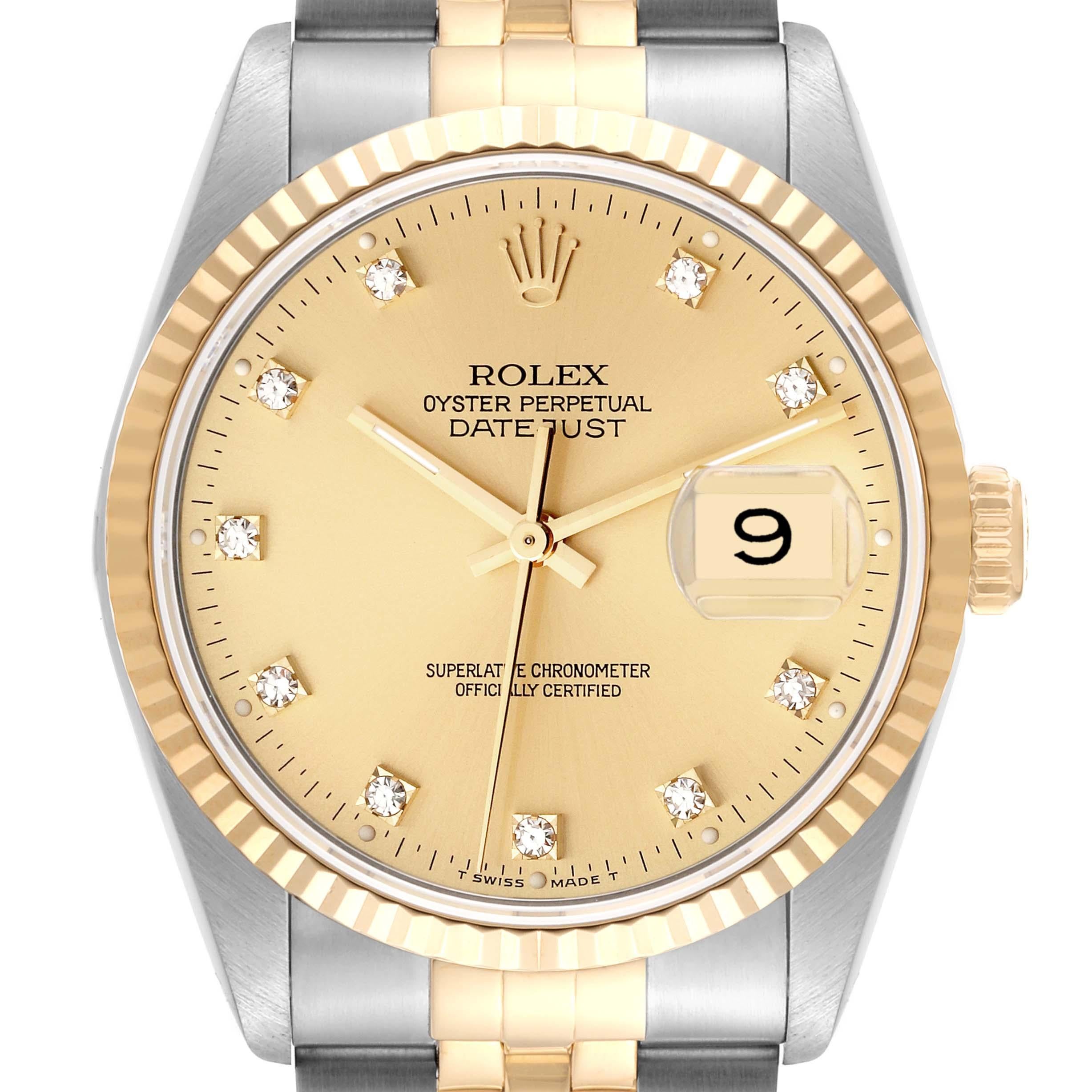 Rolex Datejust Champagne Diamond Dial Steel Yellow Gold Mens Watch 16233. Officially certified chronometer automatic self-winding movement. Stainless steel case 36.0 mm in diameter.  Rolex logo on an 18K yellow gold crown. 18k yellow gold fluted