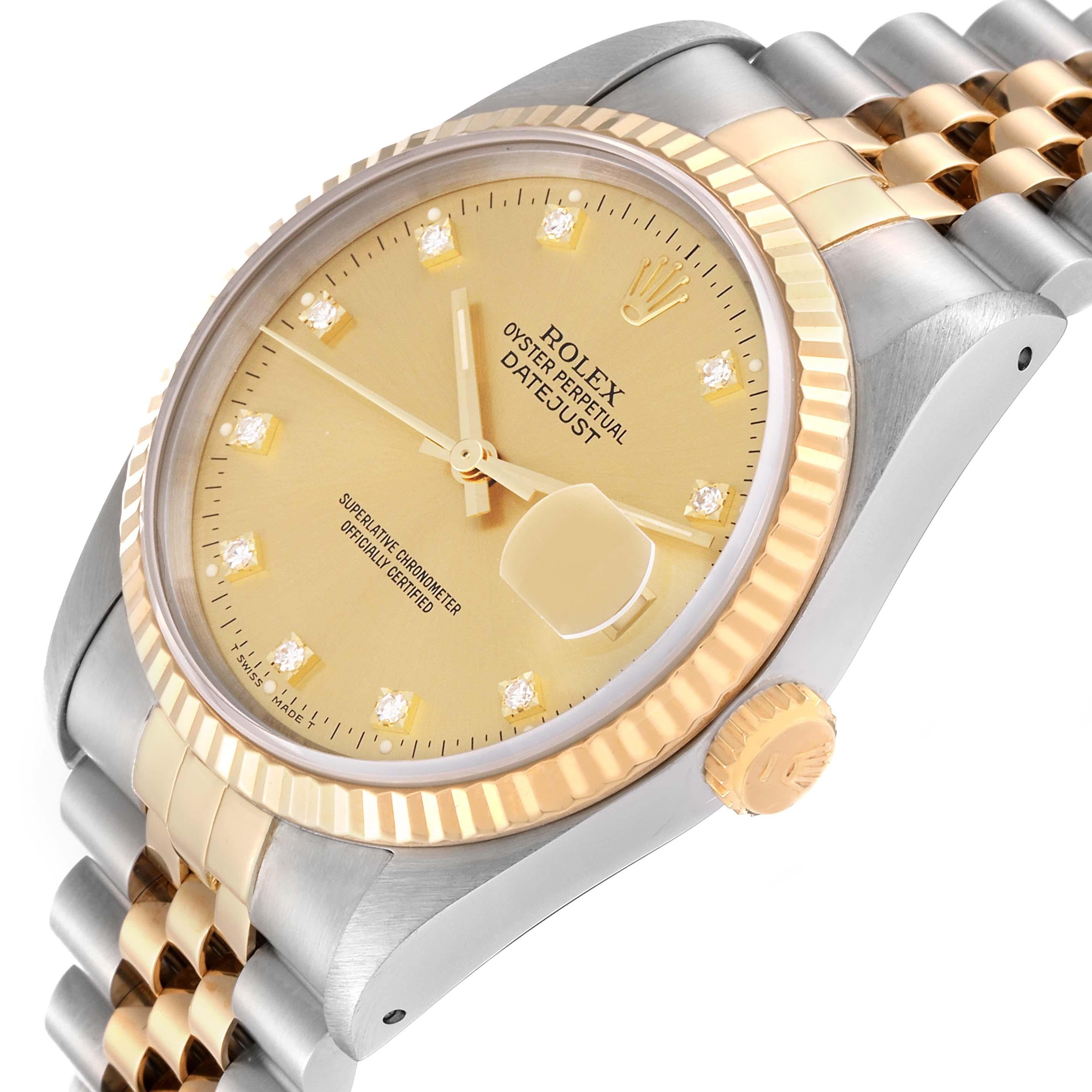 Rolex Datejust Champagne Diamond Dial Steel Yellow Gold Mens Watch 16233 In Excellent Condition For Sale In Atlanta, GA