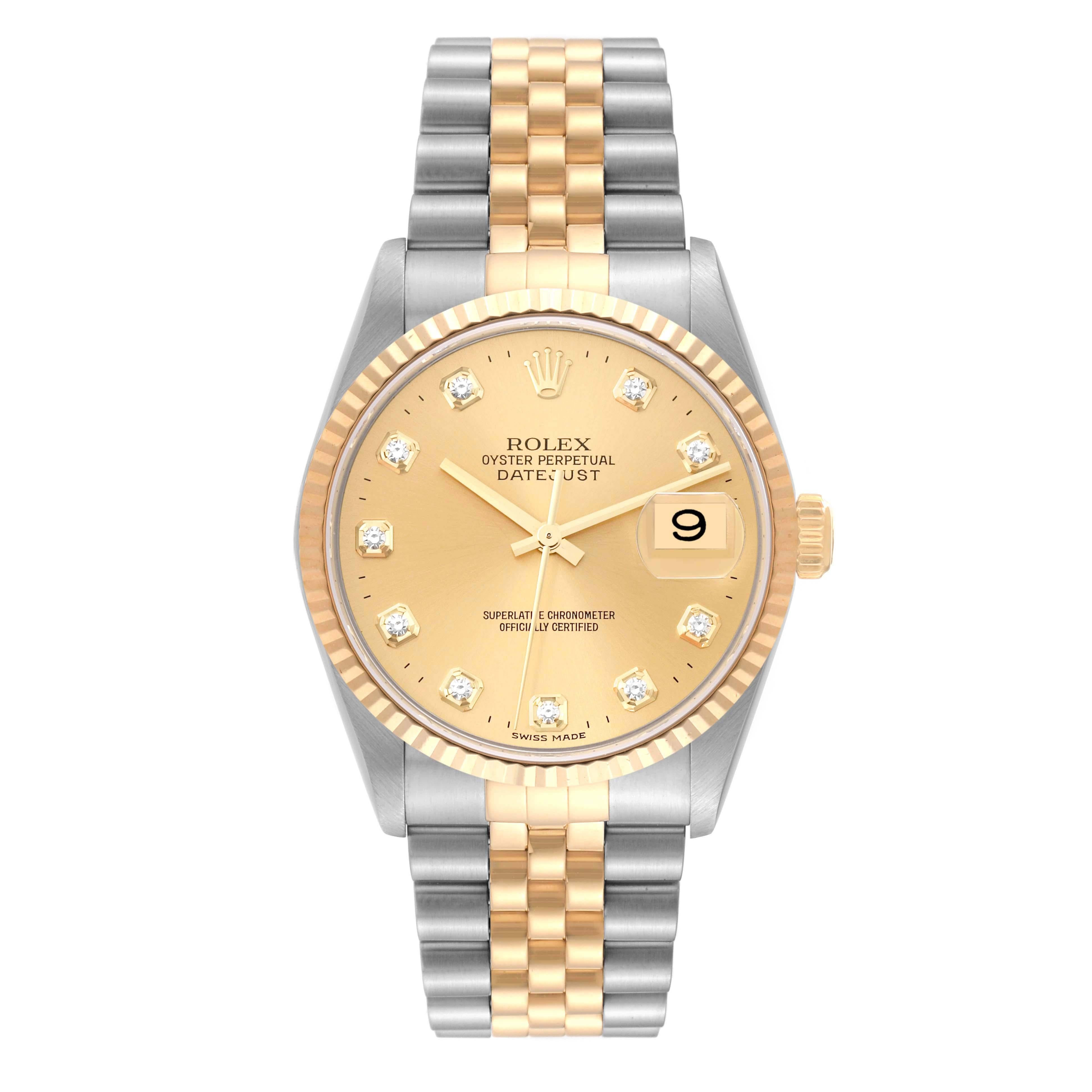 Men's Rolex Datejust Champagne Diamond Dial Steel Yellow Gold Mens Watch 16233