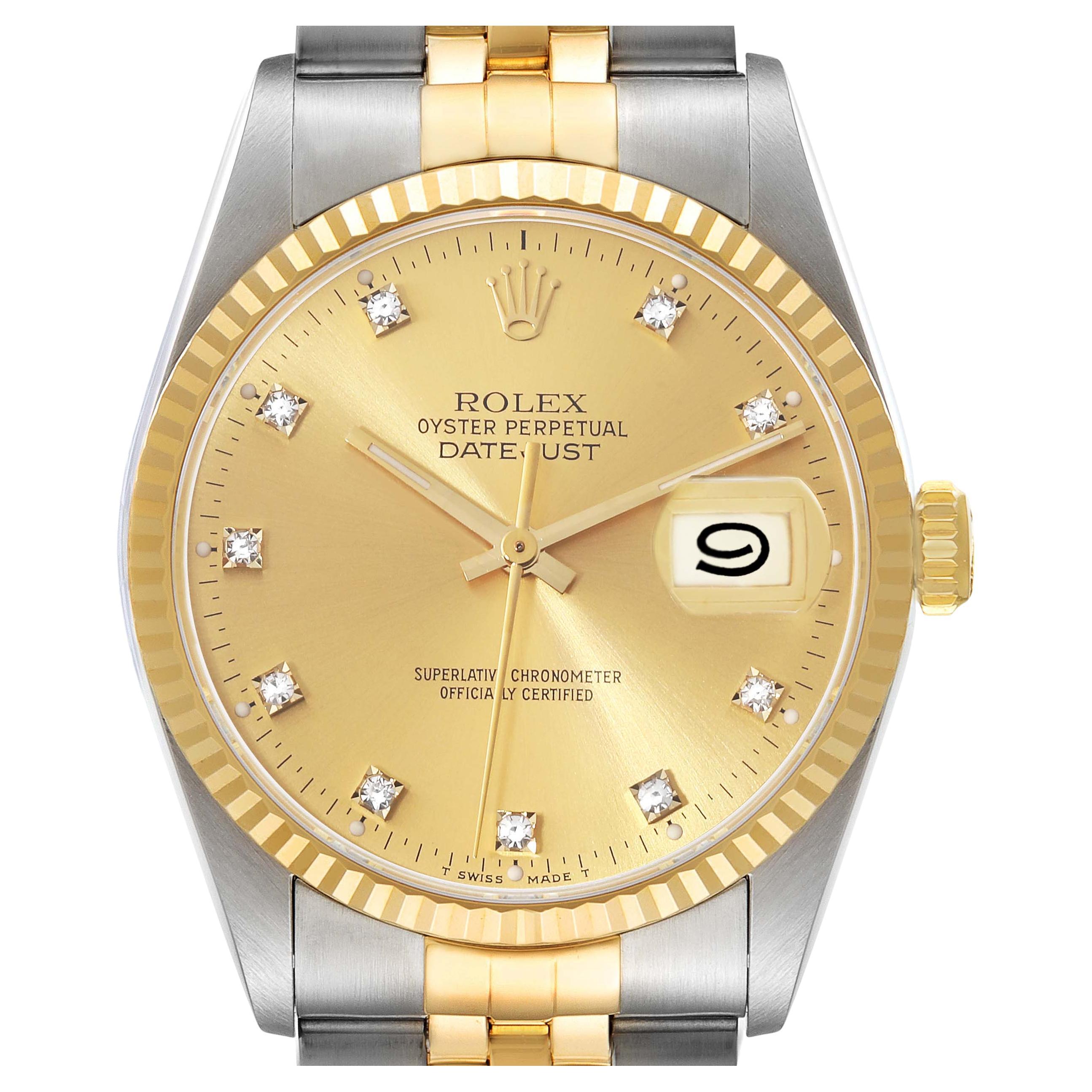 Rolex Datejust Champagne Diamond Dial Steel Yellow Gold Mens Watch 16233 For Sale