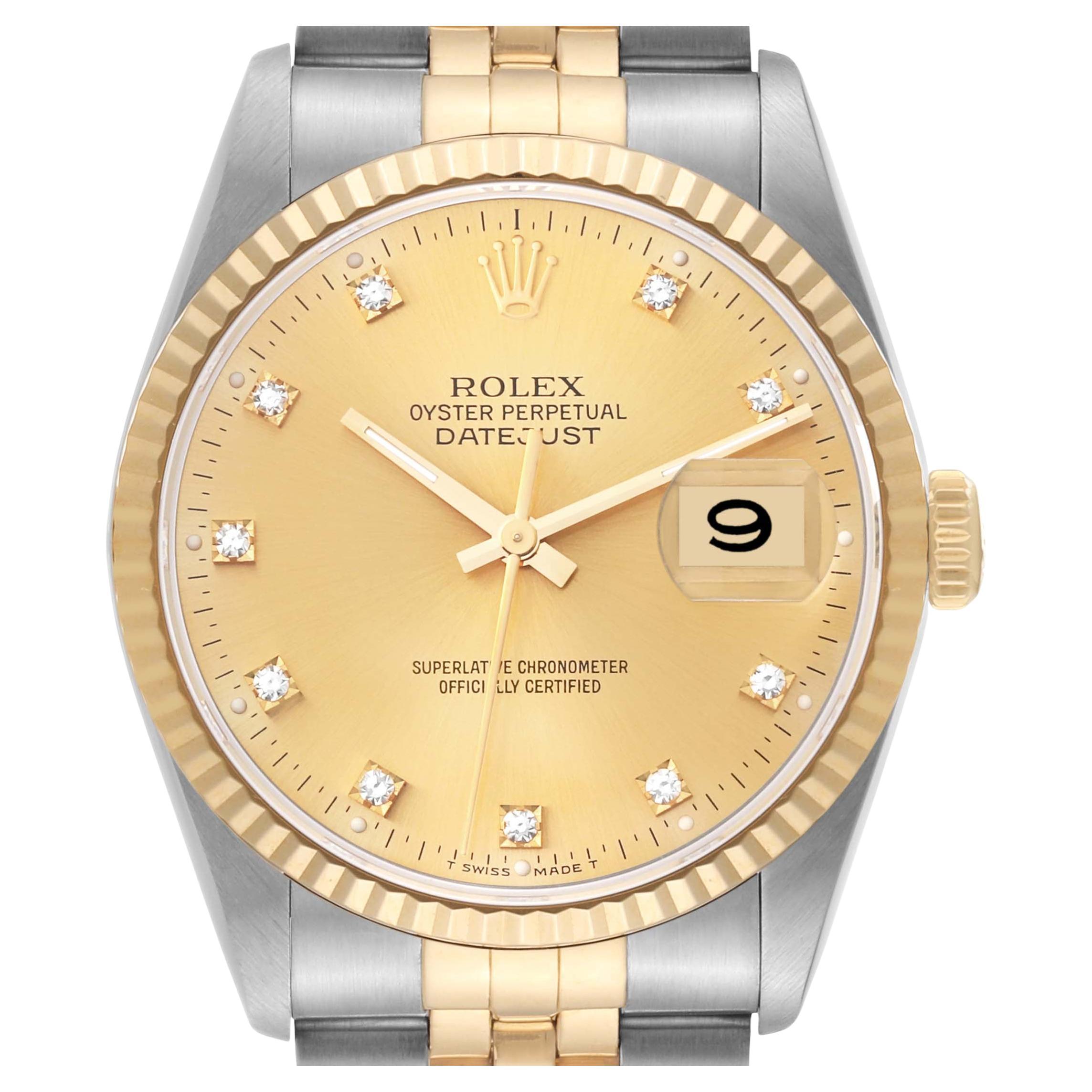 Rolex Datejust Champagne Diamond Dial Steel Yellow Gold Mens Watch 16233 For Sale