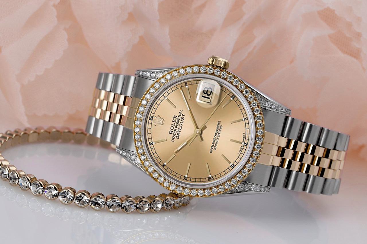 Rolex Datejust 16013 Champagne Cadran Index Montre-bracelet automatique 36 mm à diamants bicolore
