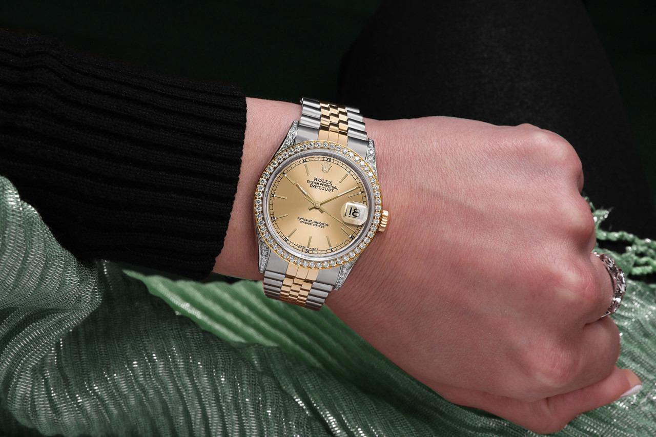 Montre-bracelet Rolex Datejust champagne à cadran automatique et diamants, bicolore Excellent état - En vente à New York, NY