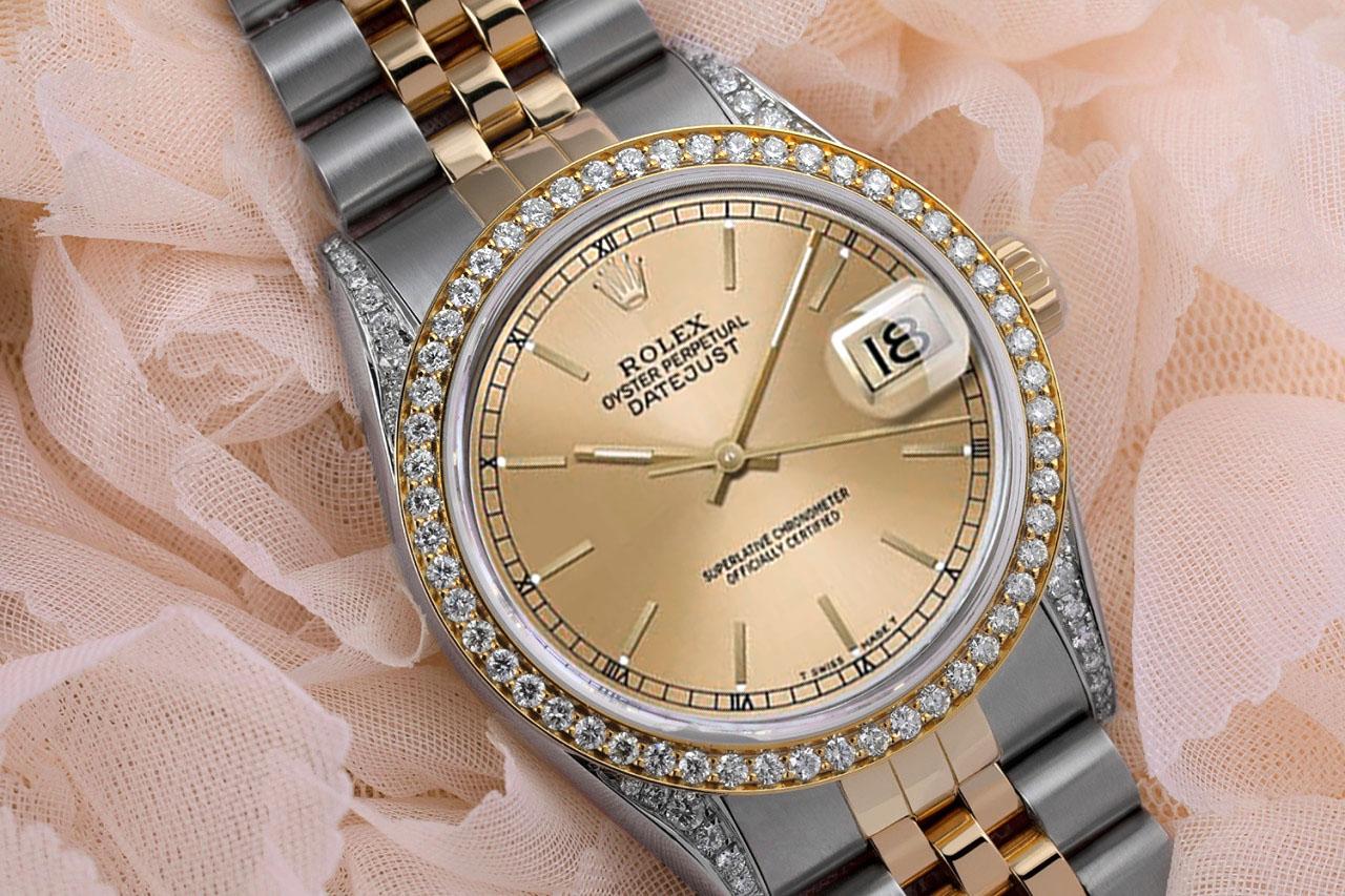 Montre-bracelet Rolex Datejust champagne à cadran automatique et diamants 36 mm, bicolore Unisexe en vente