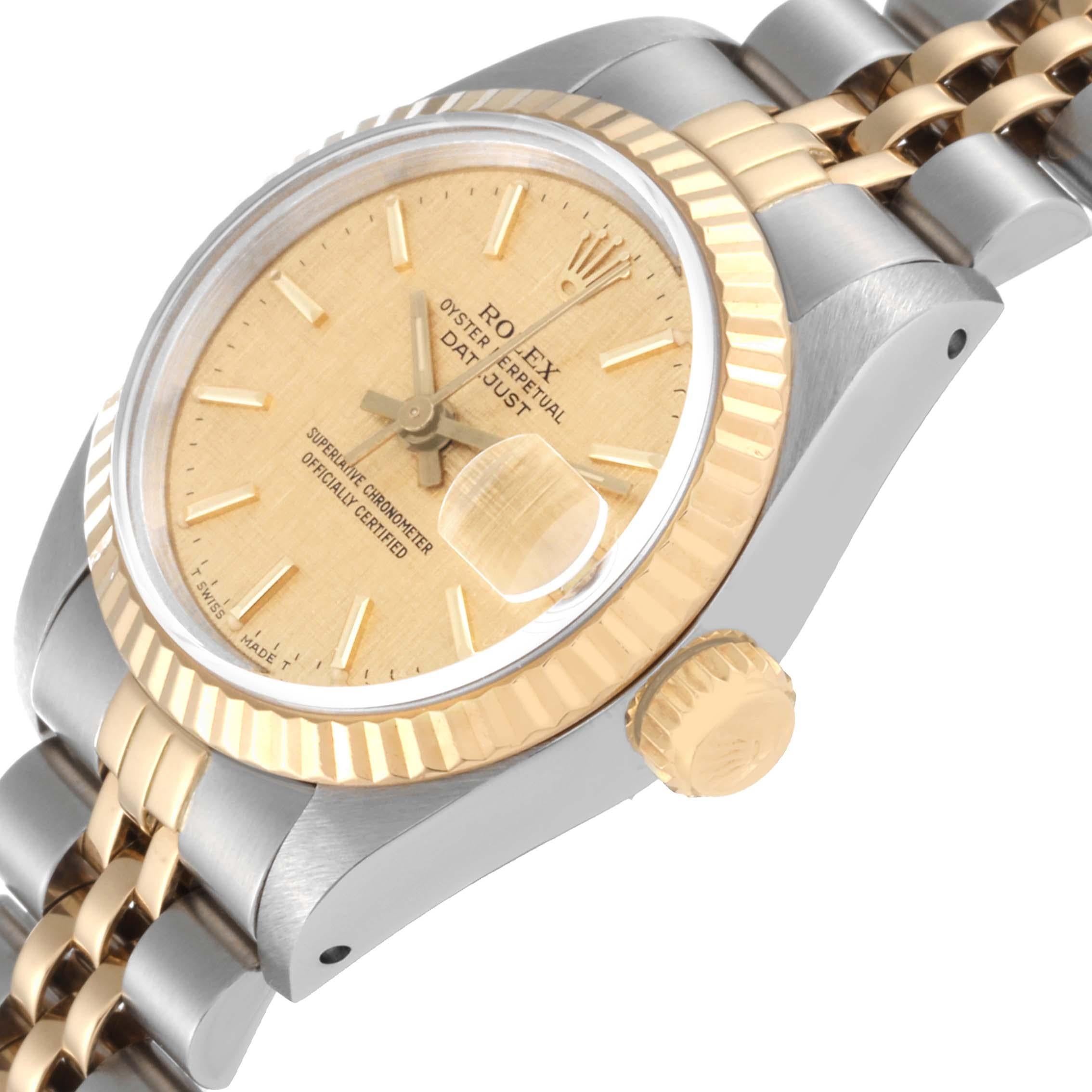 Rolex Datejust Champagne Linen Dial Steel Yellow Gold Ladies Watch 69173 In Good Condition For Sale In Atlanta, GA