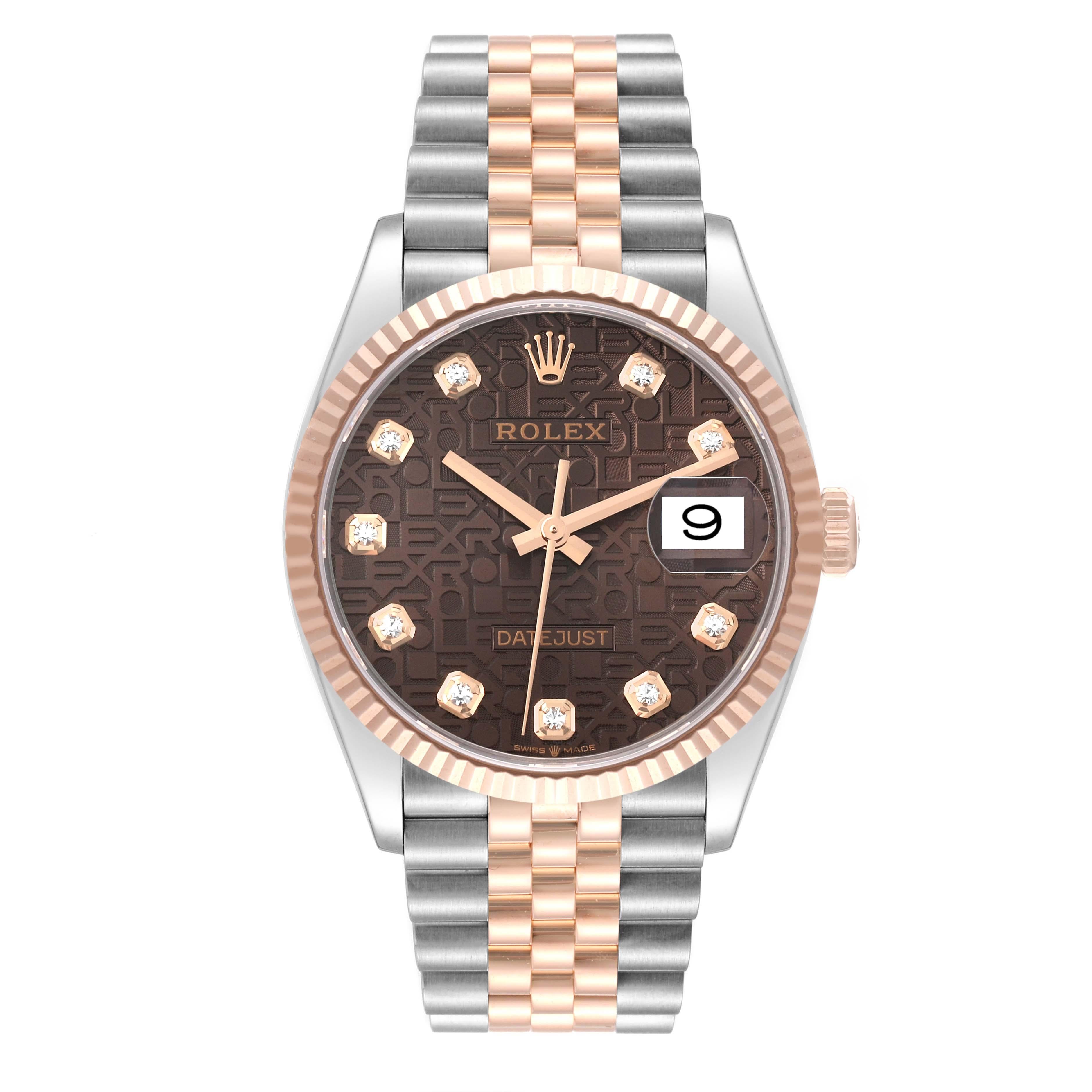 Rolex Datejust Chocolate Anniversary Steel Rose Gold Diamond Mens Watch 126231. Officially certified chronometer automatic self-winding movement. Stainless steel case 36.0 mm in diameter. Rolex logo on an 18k rose gold crown. 18k rose gold fluted