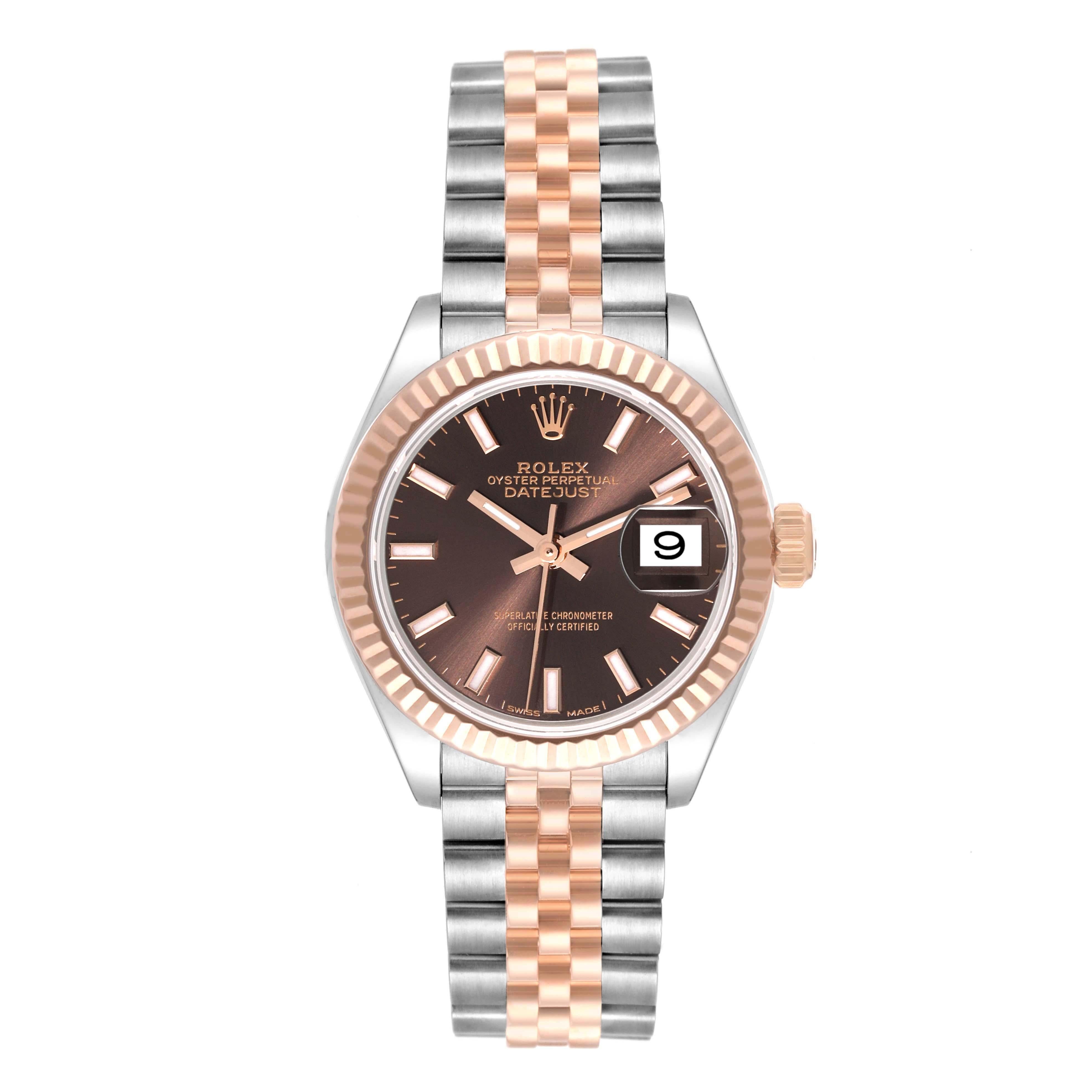 Rolex Datejust Chocolate Brown Dial Steel Rose Gold Ladies Watch 279171 Box Card. Officially certified chronometer automatic self-winding movement. Stainless steel oyster case 28 mm in diameter. Rolex logo on an 18K rose gold crown. 18k rose gold