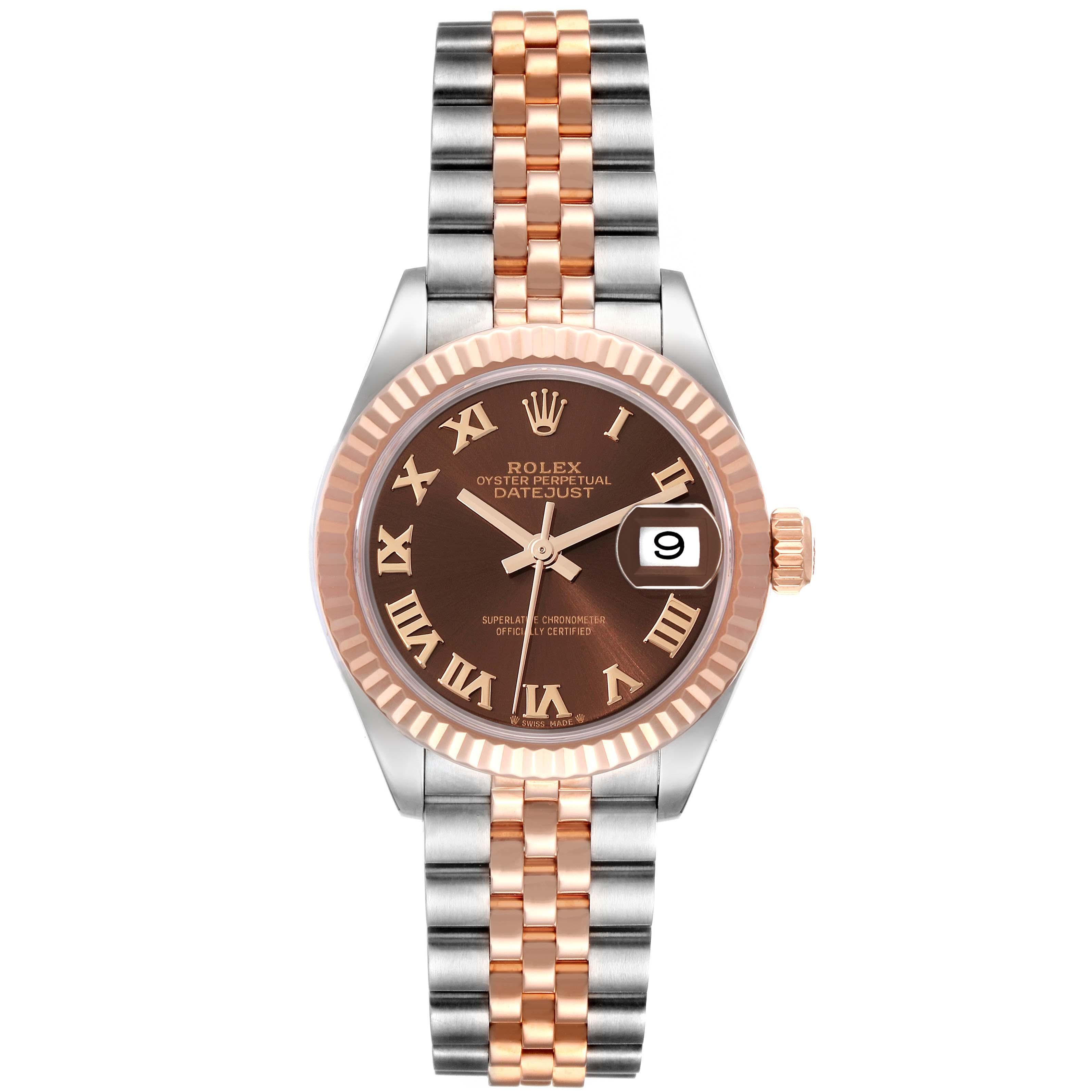 Rolex Datejust Chocolate Brown Dial Steel Rose Gold Ladies Watch 279171 Box Card. Officially certified chronometer automatic self-winding movement. Stainless steel oyster case 28 mm in diameter. Rolex logo on an 18K rose gold crown. 18k rose gold