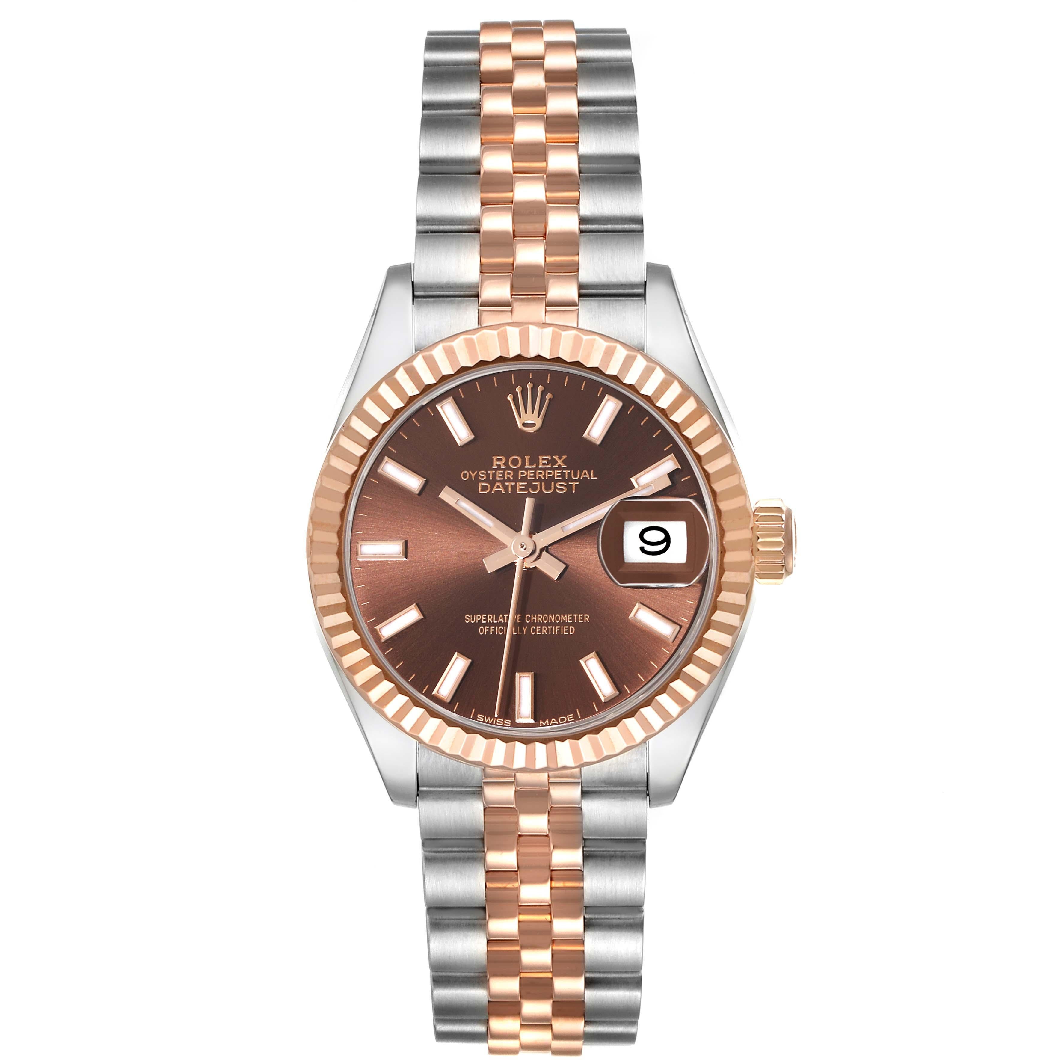 Rolex Datejust Chocolate Brown Dial Steel Rose Gold Ladies Watch 279171. Officially certified chronometer automatic self-winding movement. Stainless steel oyster case 28 mm in diameter. Rolex logo on an 18K rose gold crown. 18k rose gold fluted