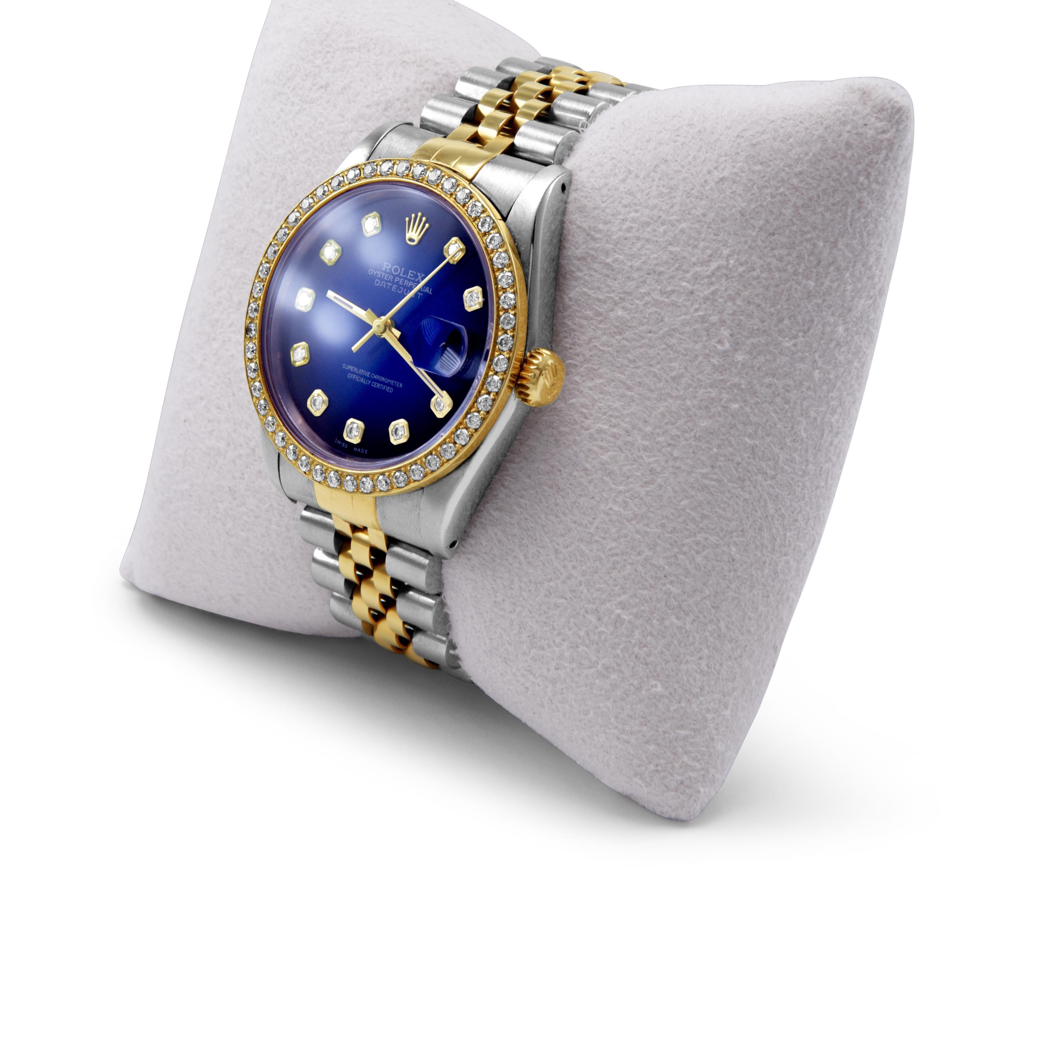 Contemporain Rolex Datejust Custom Blue Diamond Dial and Diamond Bezel Two Tone (Cadran bleu à diamants et lunette à diamants) en vente
