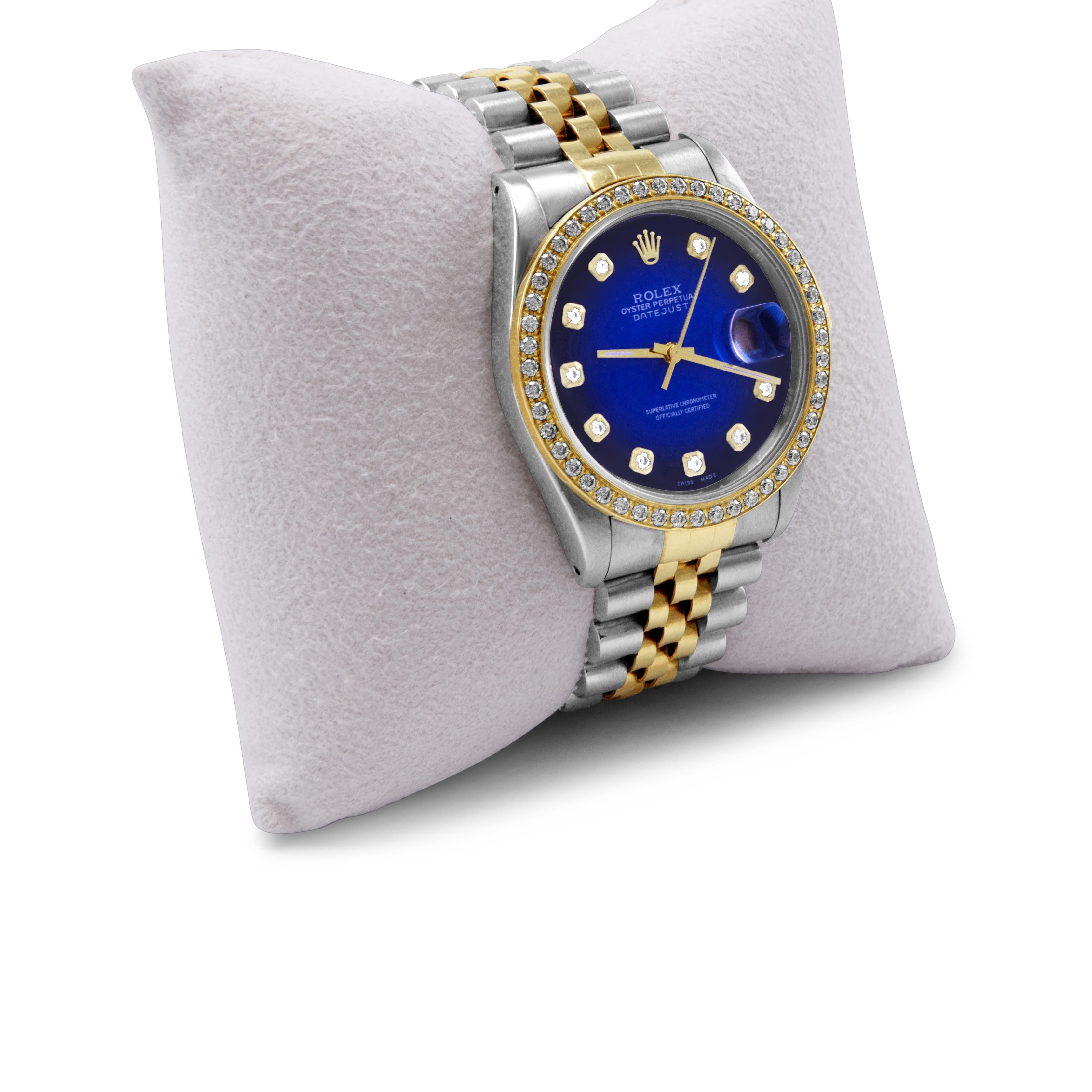 Taille ronde Rolex Datejust Custom Blue Diamond Dial and Diamond Bezel Two Tone (Cadran bleu à diamants et lunette à diamants) en vente