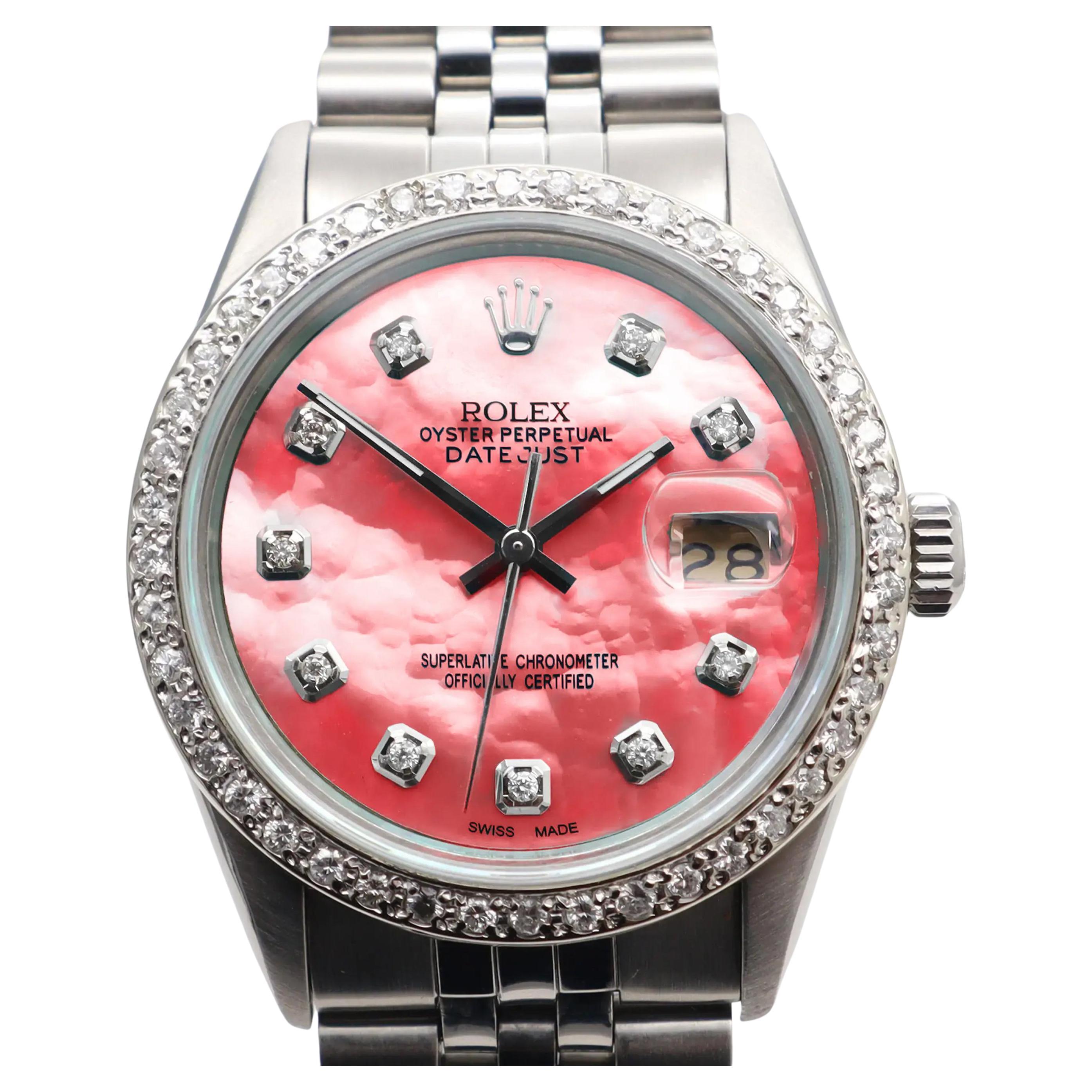 Rolex Datejust Custom Diamond 1.20cttw Pink Mother of Pearl Dial Watch 16014 For Sale