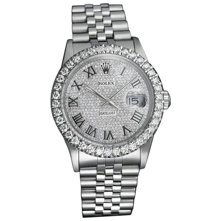 Rolex Datejust Custom Diamond Bezel, Pave Roman Numerals Dial 16014 For Sale