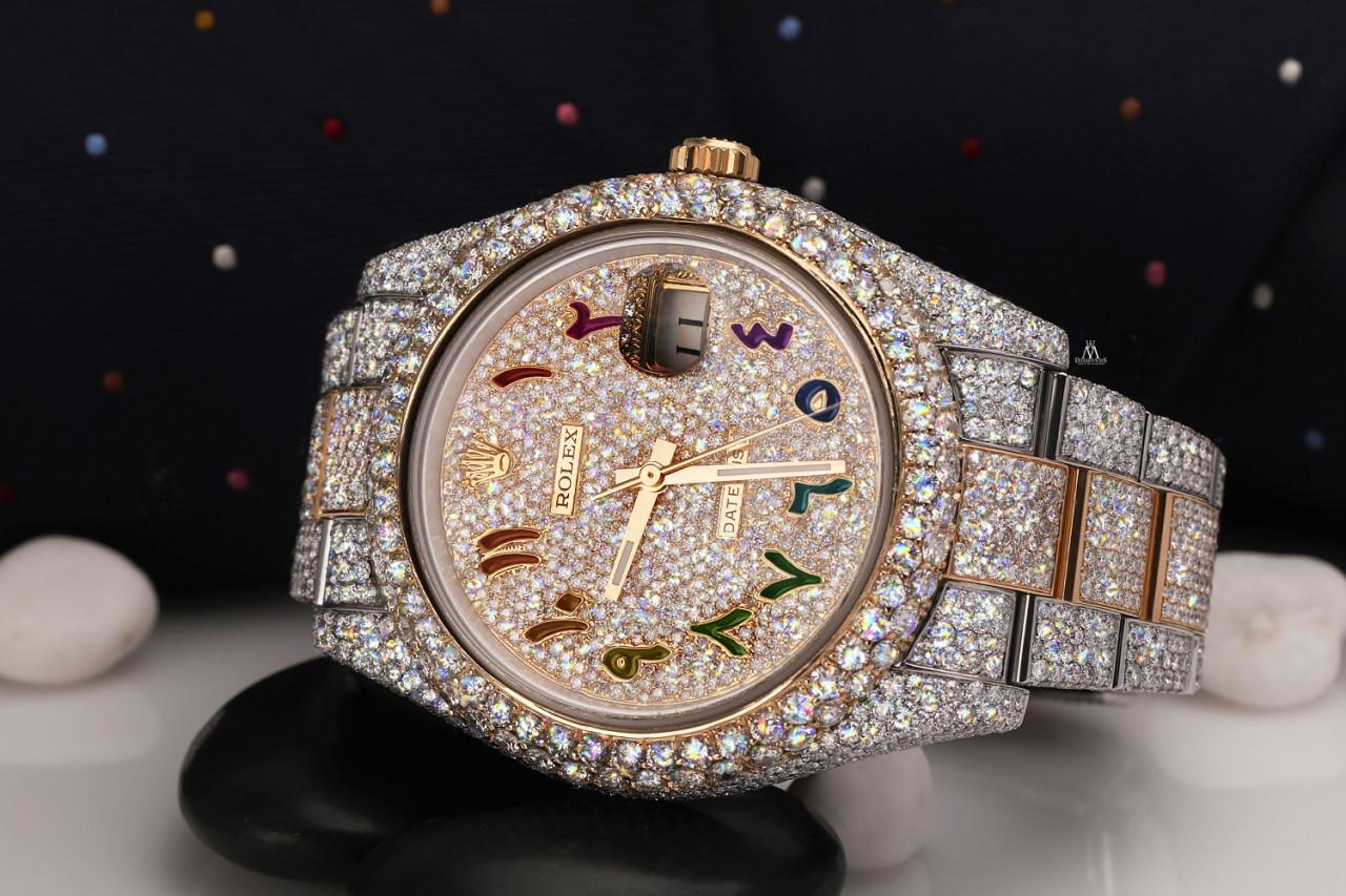 Round Cut Rolex Datejust Custom Rainbow Arabic Dial SS & YG Fully Iced Out Watch 126303 For Sale