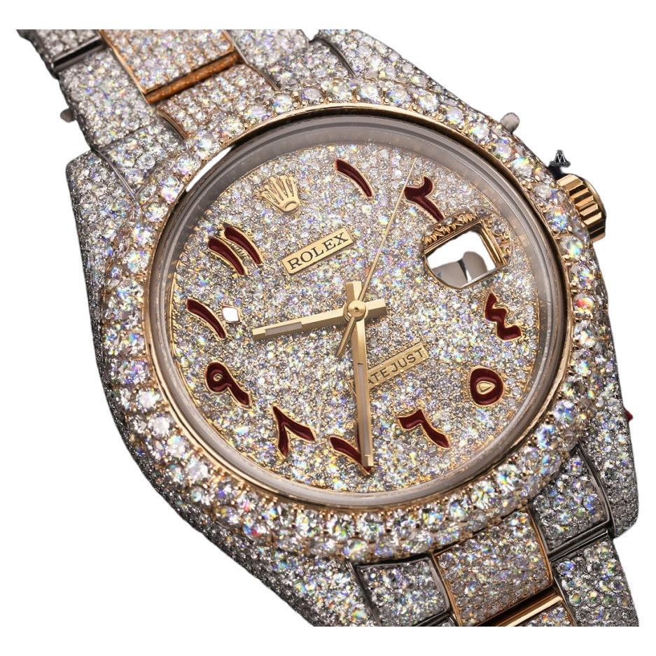 Rolex Datejust Custom Red Arabic Dial SS and 18k YG Fully Iced Out Watch 126303 For Sale
