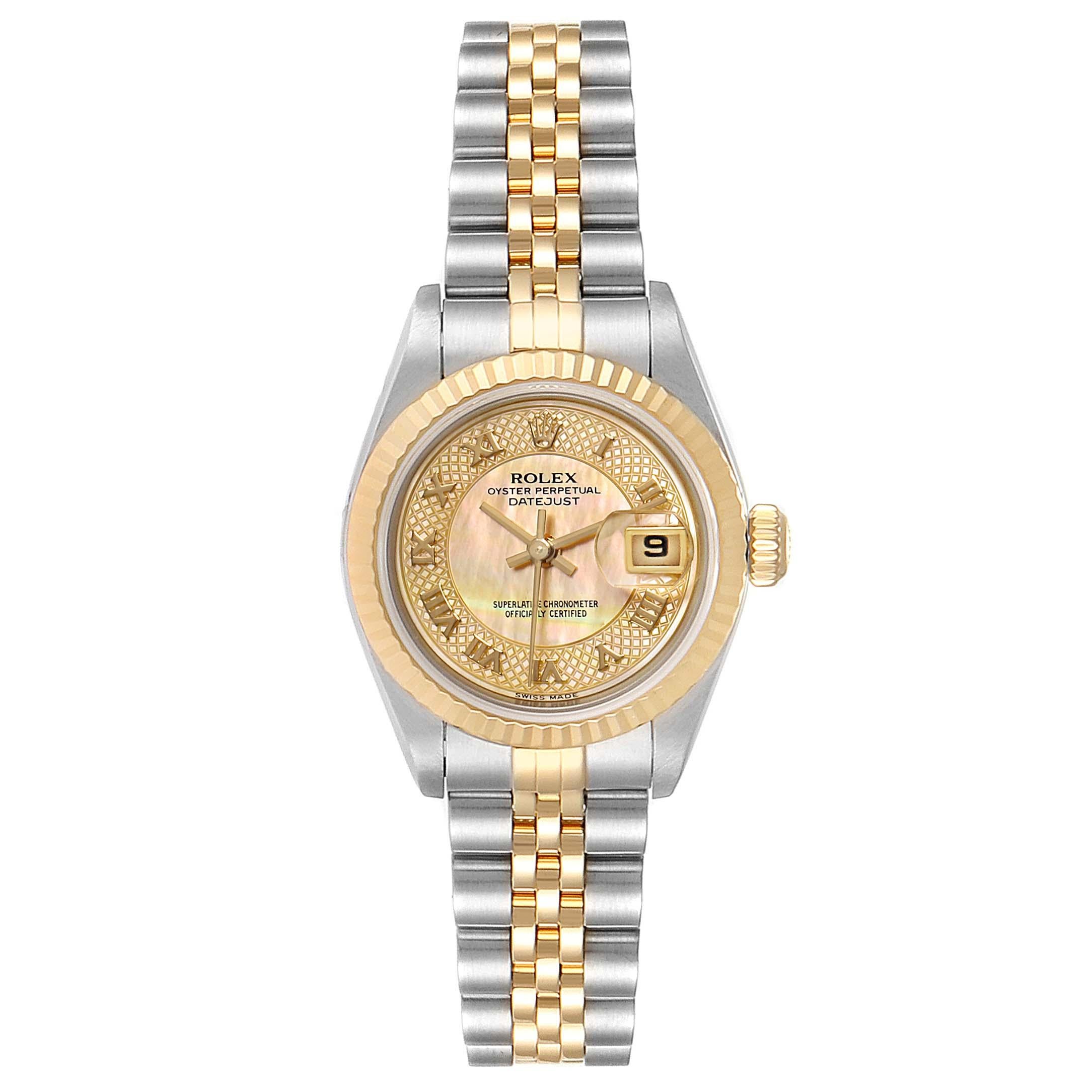Rolex Datejust Decorated MOP Dial Steel Yellow Gold Ladies Watch 79173. Officially certified chronometer self-winding movement. Stainless steel and 18K yellow gold oyster case 26.0 mm in diameter. Rolex logo on a crown. 18k yellow gold fluted bezel.