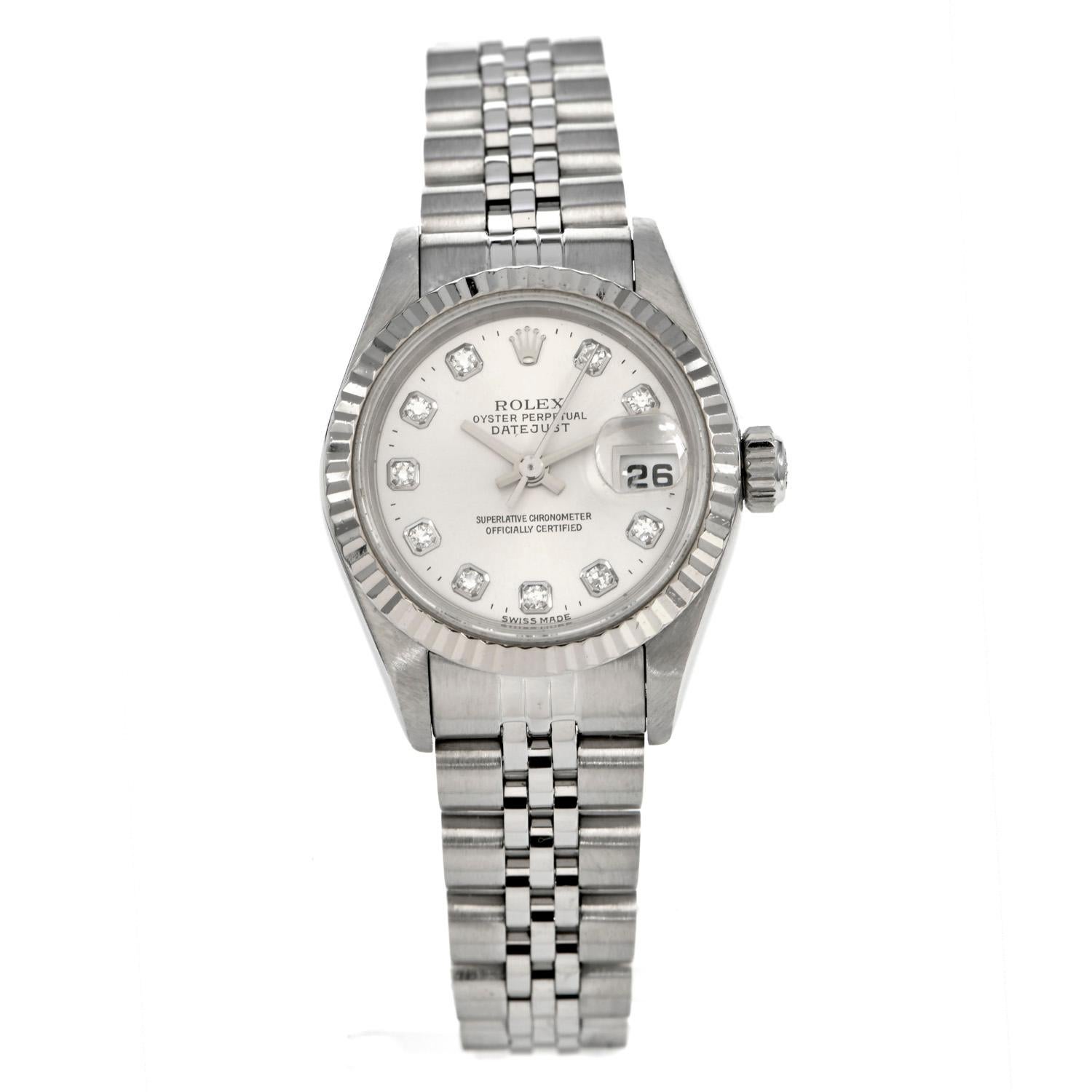 This Rolex Oyster Perpetual Datejust watch is in very good condition, making it the perfect luxury present,

With all original factory set diamond dial. It is crafted in Stainless Steel with an 18K White Gold bezel. With factory-set round diamond