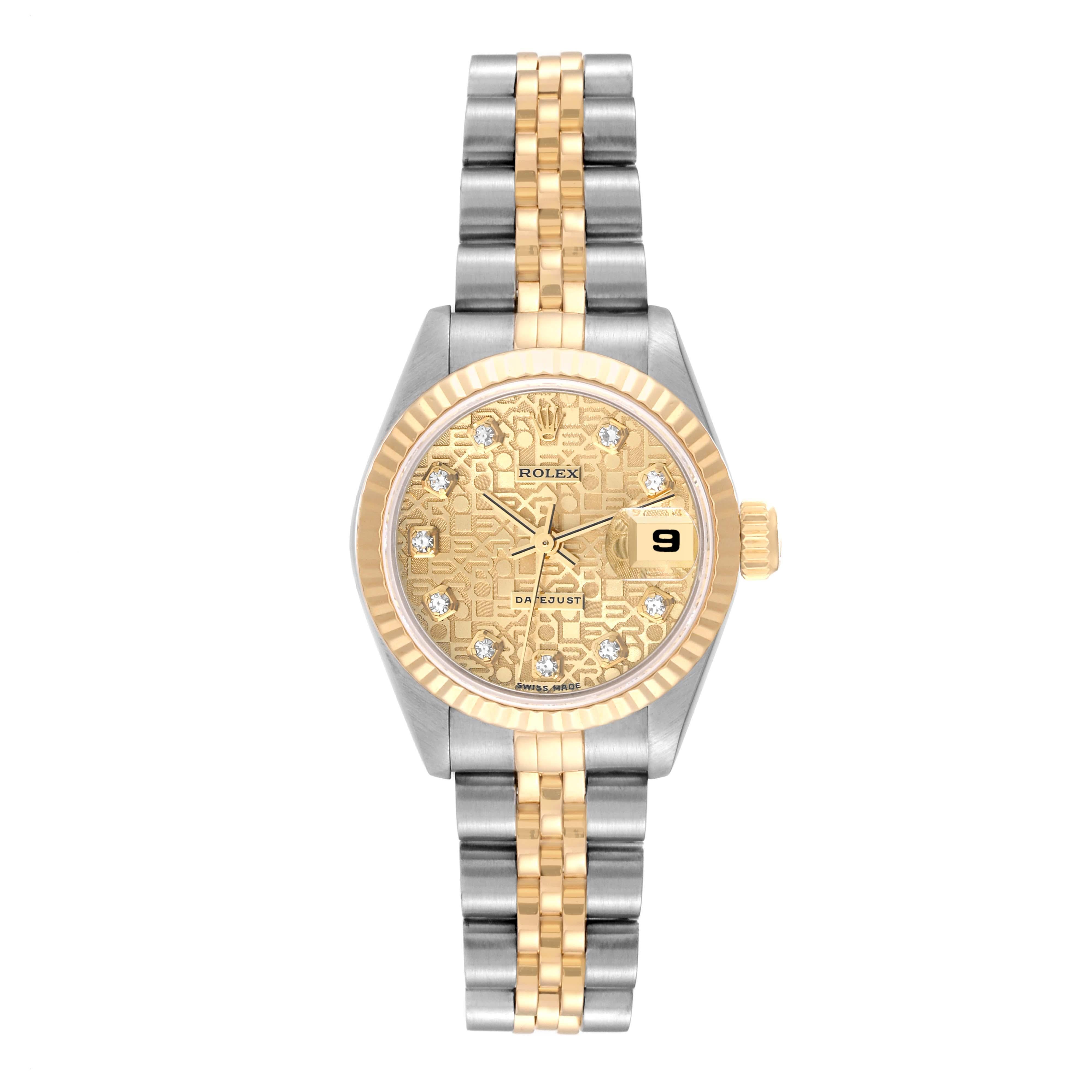 Rolex Datejust Diamond Anniversary Dial Stahl Gelbgold Damenuhr 69173. Offiziell zertifiziertes Chronometerwerk mit automatischem Aufzug. Austerngehäuse aus Edelstahl mit einem Durchmesser von 26.0 mm. Rolex Logo auf der Krone. Geriffelte Lünette