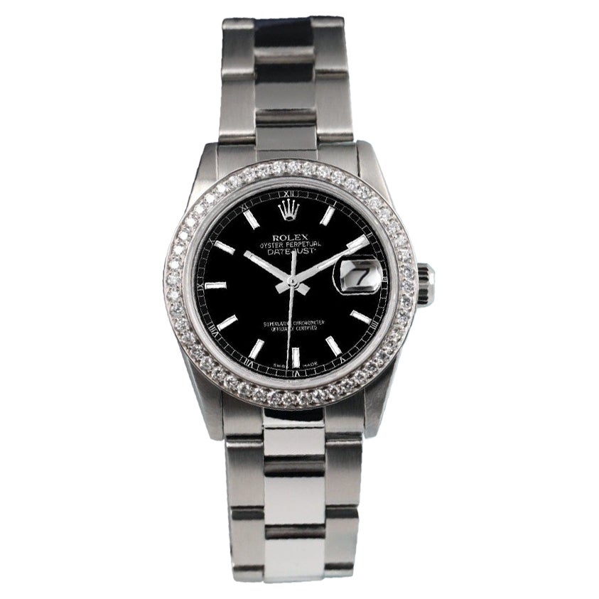 Rolex Datejust Lunetta di diamanti Quadrante nero Steele Orologio in vendita