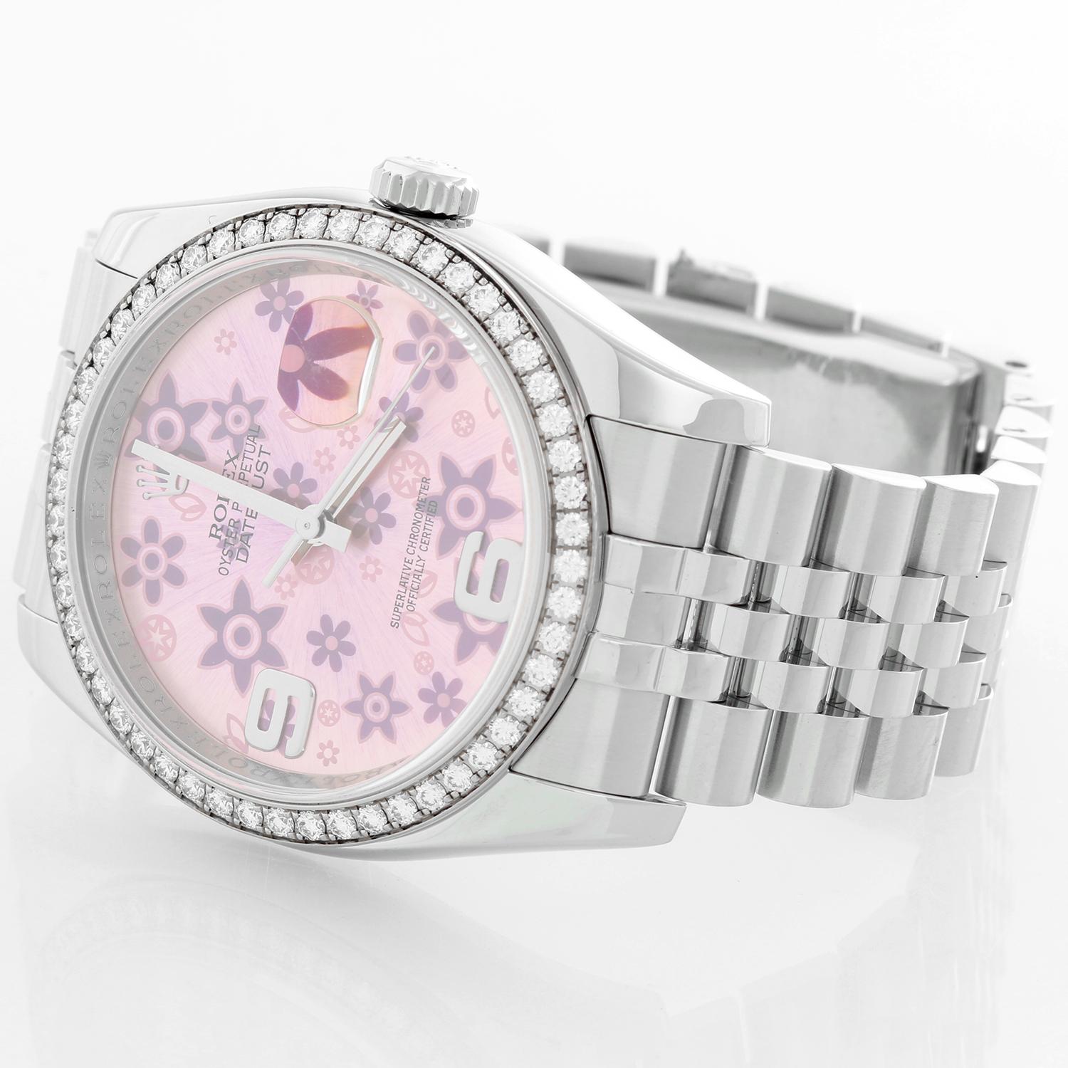 Rolex Datejust Diamond Bezel Pink Floral Dial Men's Steel Watch 116244 - Automatic winding, 31 jewels, Quickset, sapphire crystal. Stainless steel case with factory 52 diamond and 18k white gold bezel  (36mm diameter). Pink Floral dial. Stainless